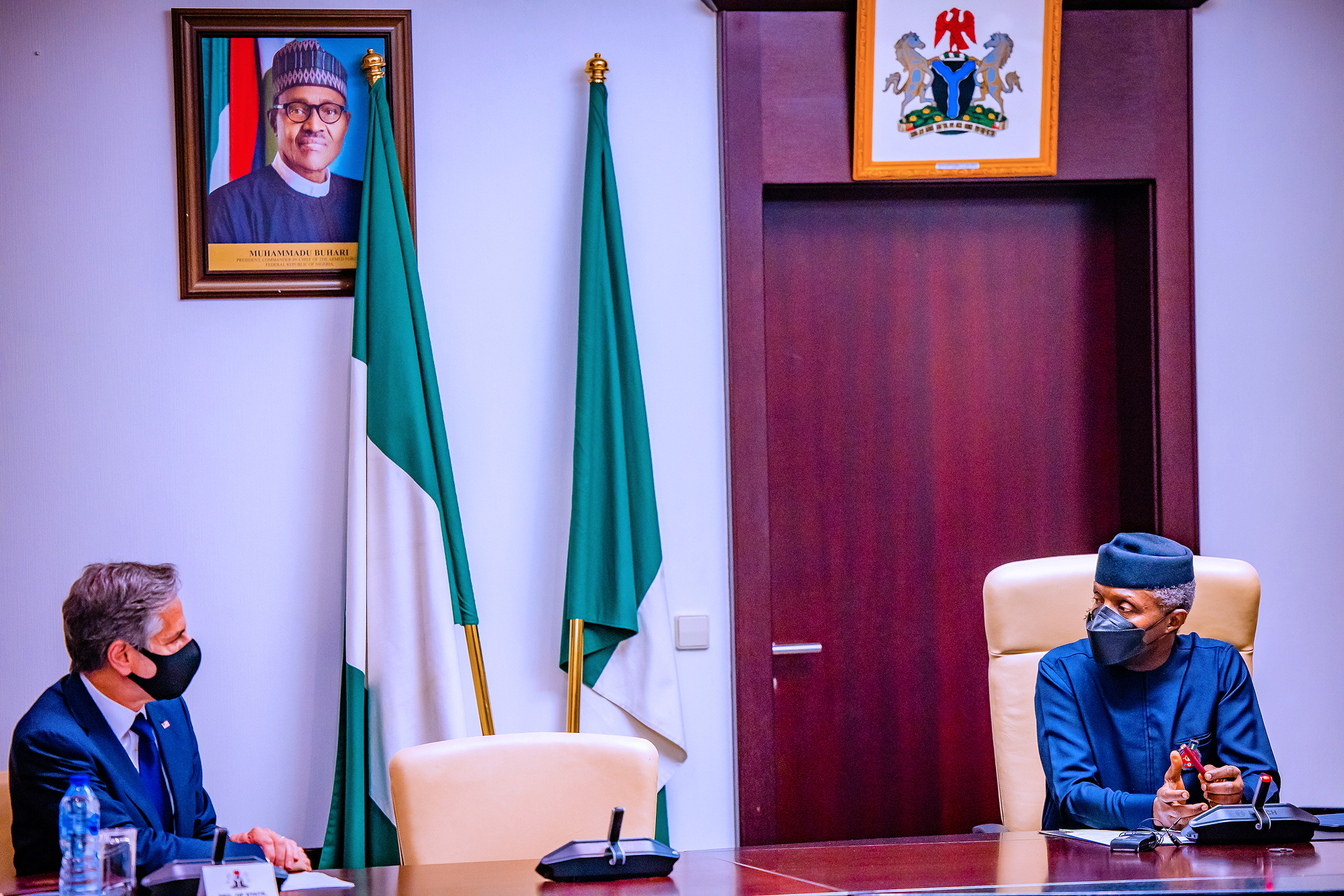Vice President Yemi Osinbajo and United States Secretary of State Anthony Blinken talks during an audience in the State House in Abuja, Nigeria November 18, 2021. Nigerian Presidency/Handout via REUTERS
