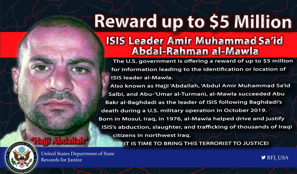 Handout of notice for ISIS jihadist group leader Abu Ibrahim al-Quraishi
