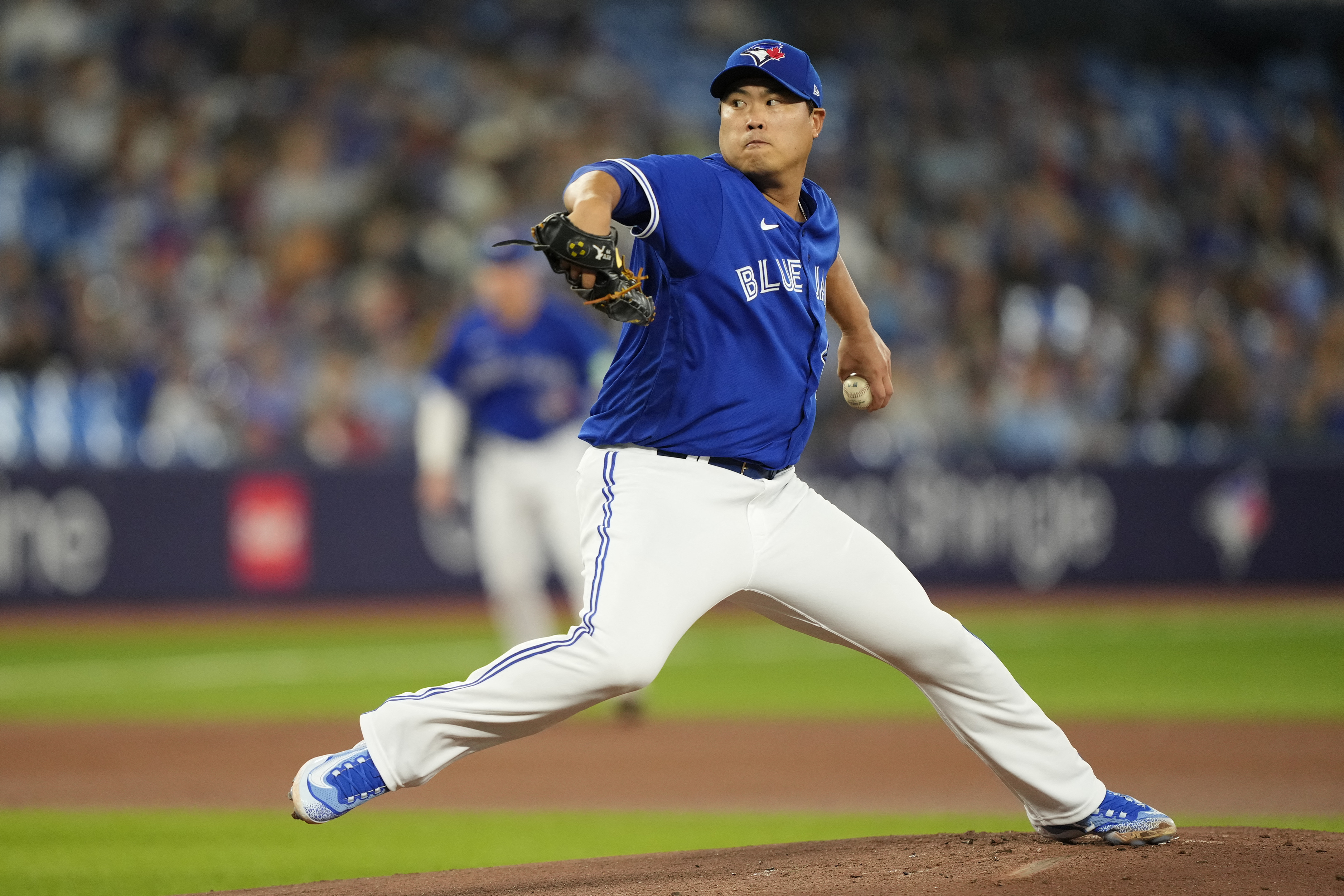 Toronto, Canada. 01st Aug, 2023. Toronto Blue Jays starting pitcher Hyun  Jin Ryu (99) works against the Baltimore Orioles during first inning  American League MLB baseball action in Toronto on Tuesday, August