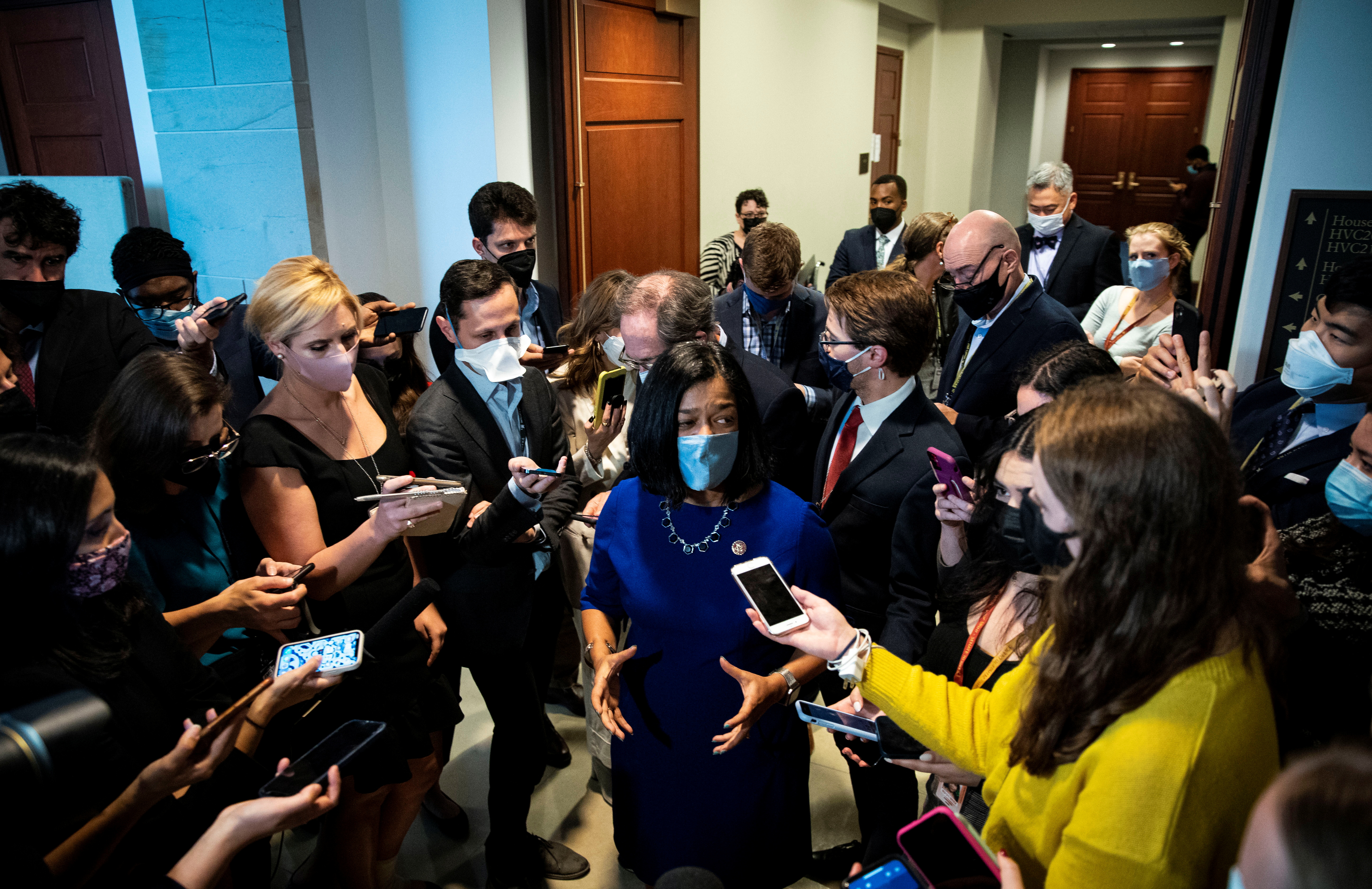 U.S. Representative Pramila Jayapal, Chair of the Congressional Progressive Caucus, speaks to reporters following a progressive caucus meeting on Capitol Hill