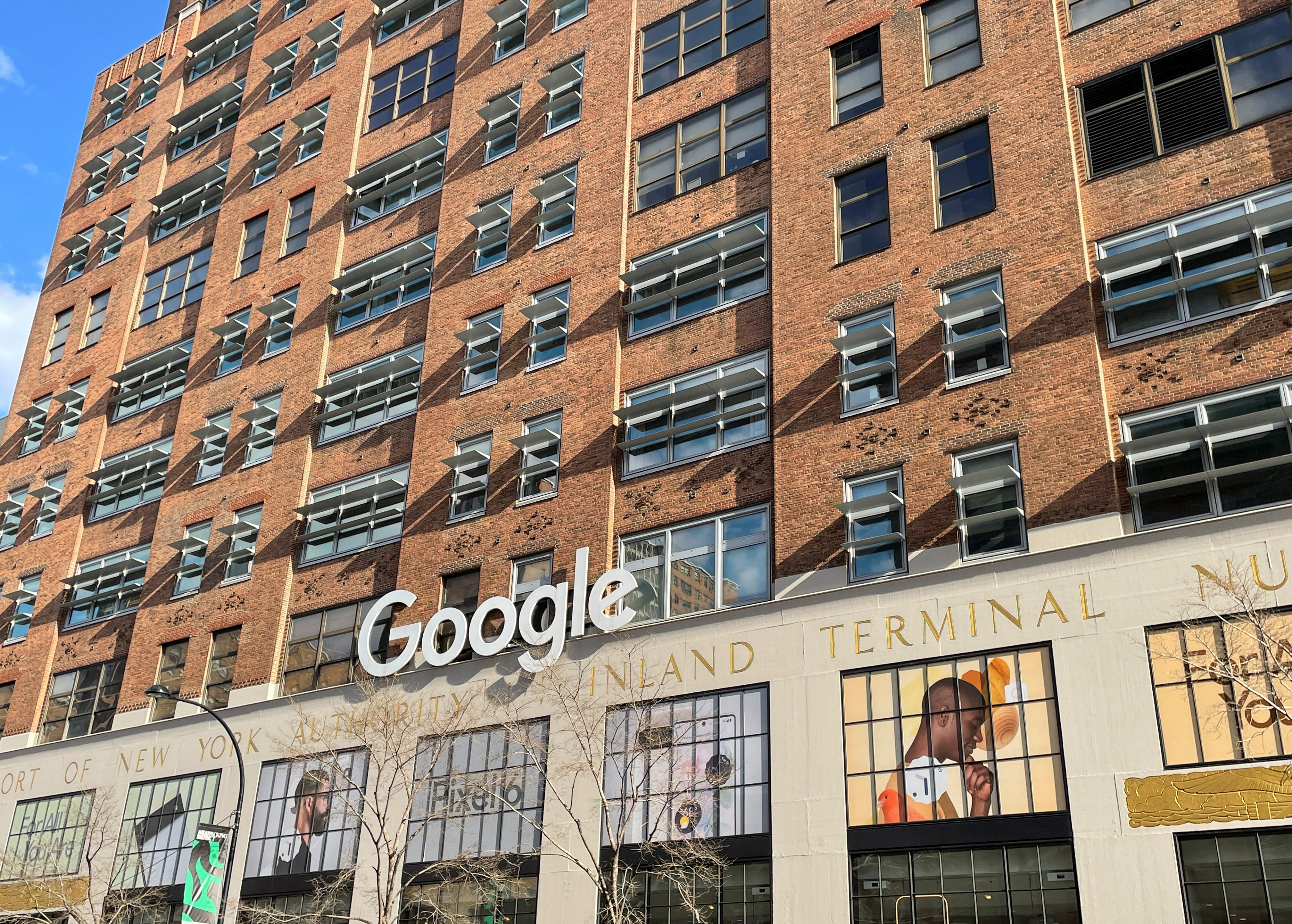 The facade of a Google office is seen in New York City
