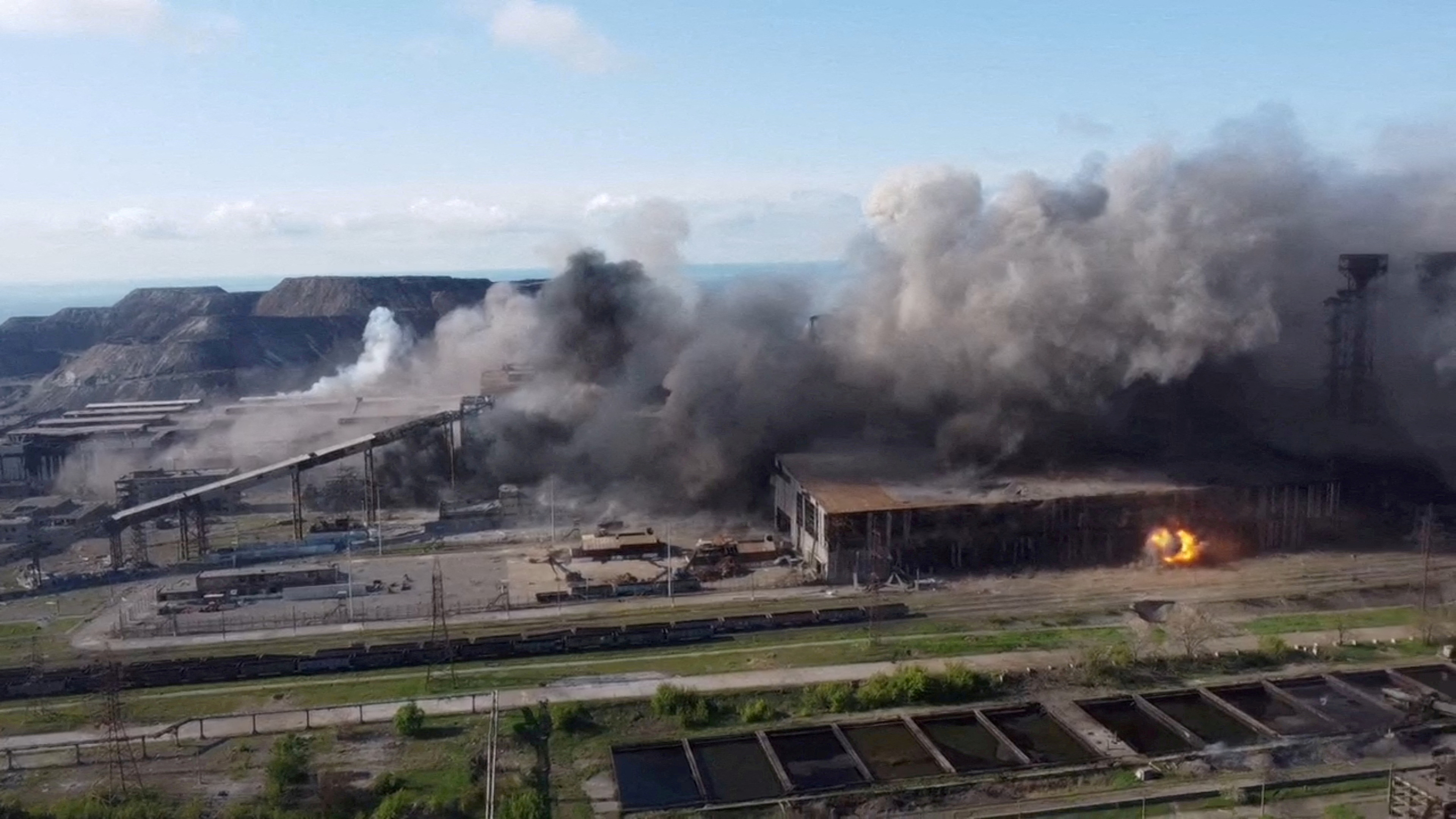 An aerial view shows shelling in the Azovstal steel plant complex, in Mariupol