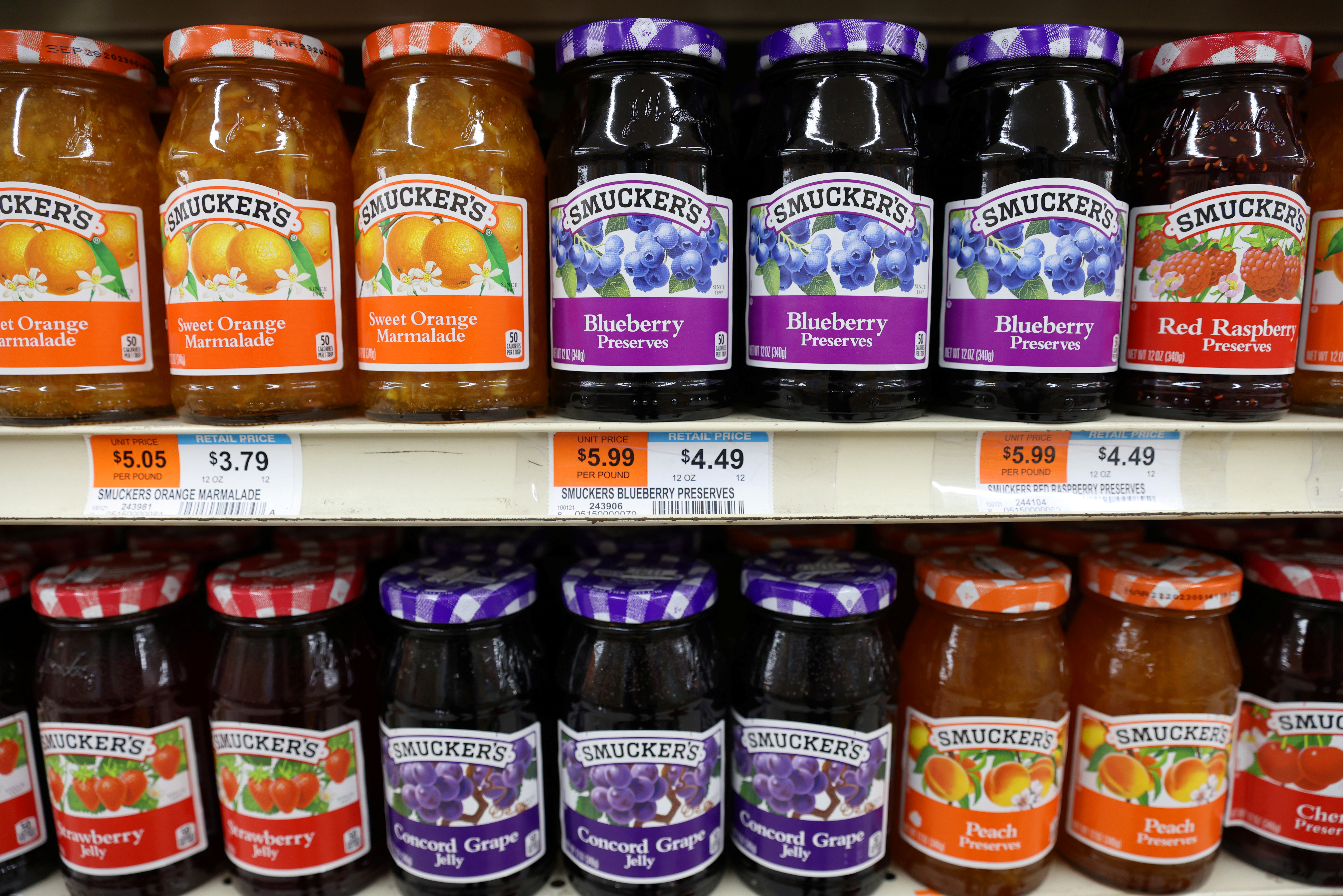 A range of Smucker's marmalade, preserves and jelly, a brand owned by The J.M. Smucker Company, is seen for sale in a store in Manhattan, New York City