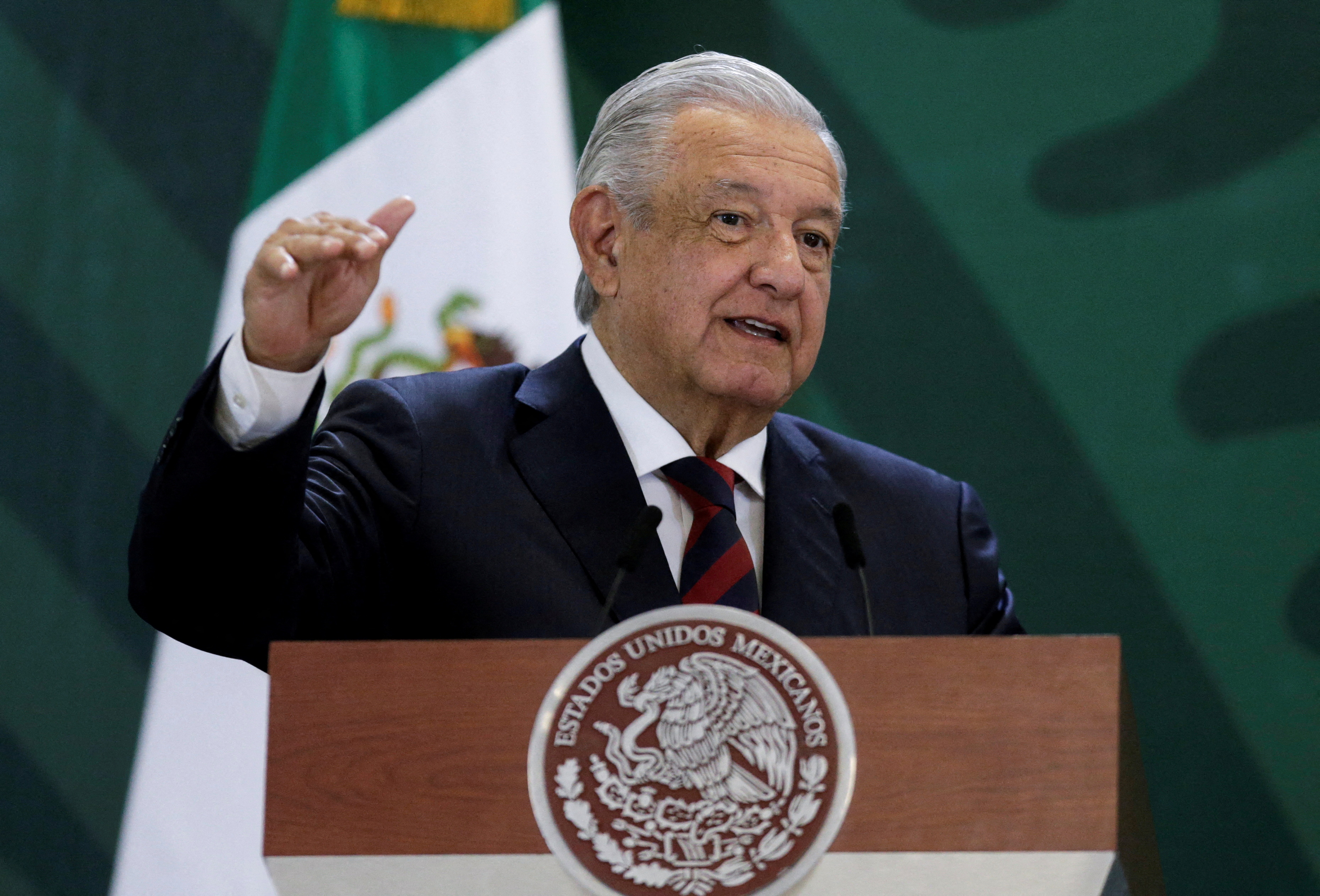 Mexico's President Andres Manuel Lopez Obrador speaks during a news conference at a military base, in Apodaca