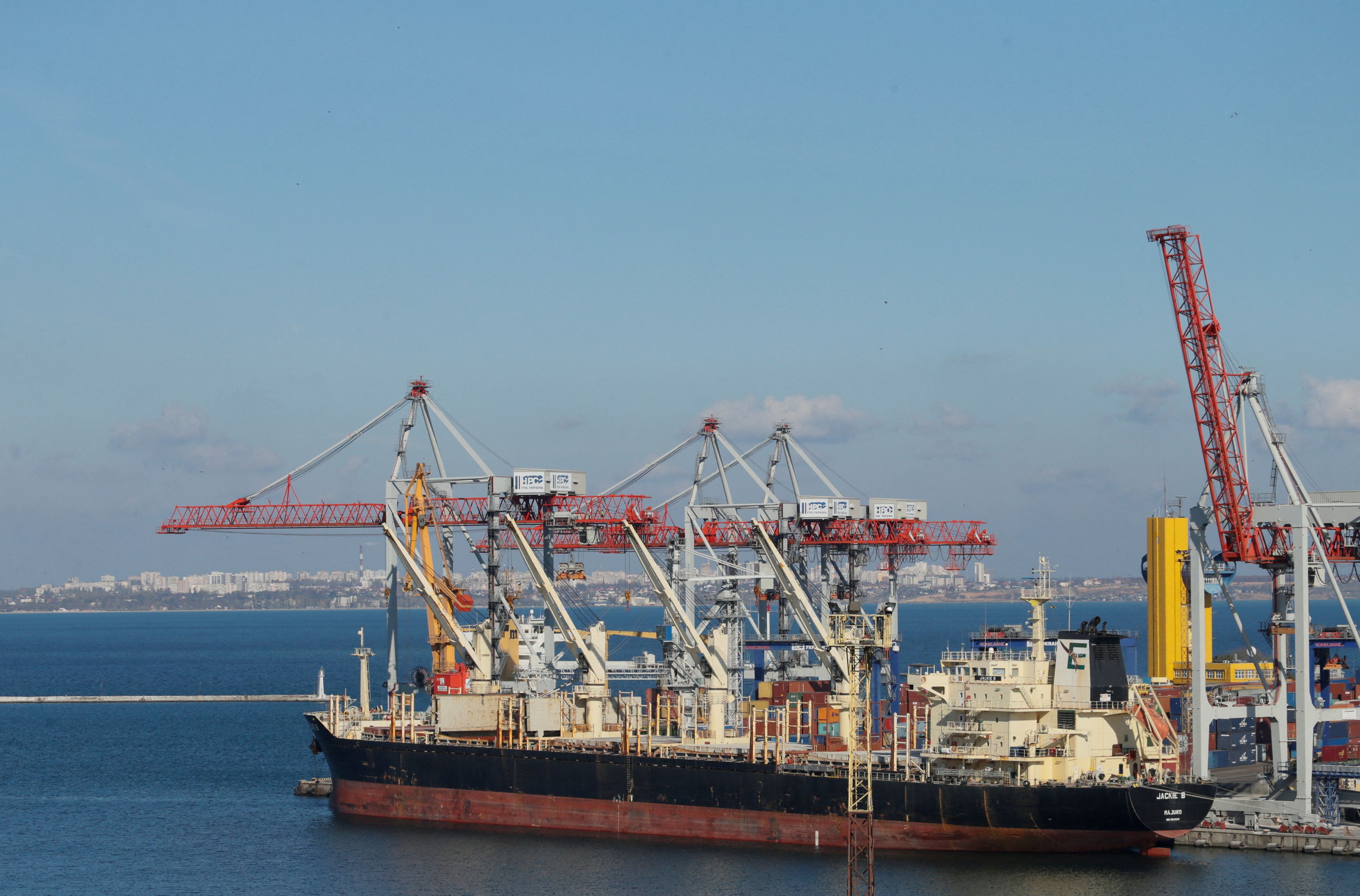 Cargo ship is docked in Black sea port of Odessa