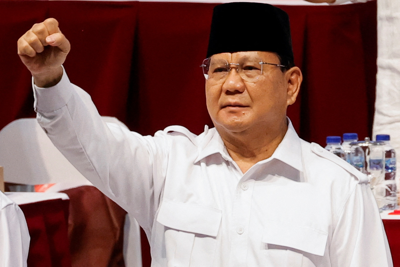 Indonesia's Defence Minister Prabowo Subianto, who was the former general of Indonesian Army Special Forces, gestures while attending Gerindra Party leaders national meeting, in Bogor