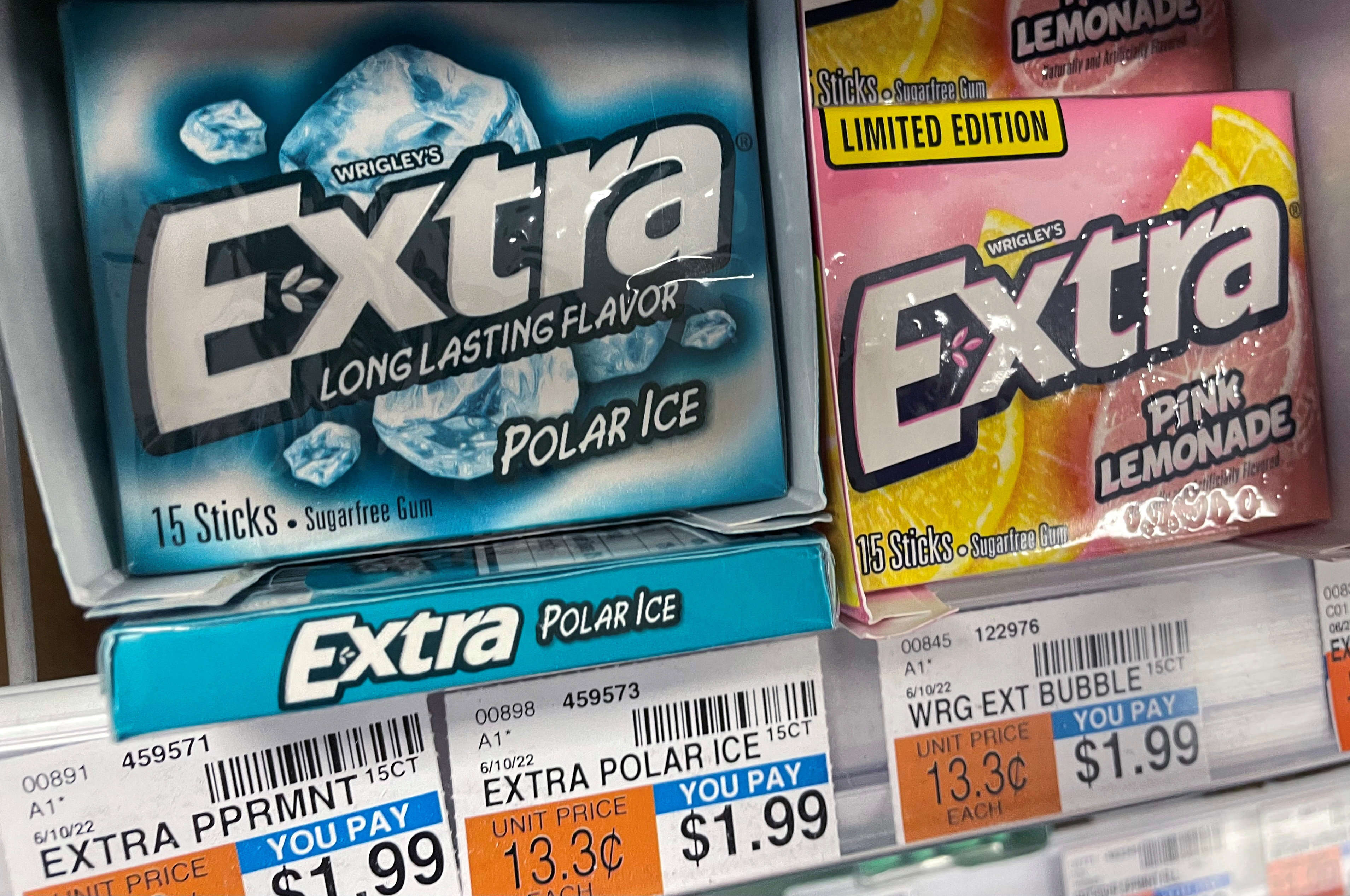 Packs of Wrigley's Extra gum are seen on display at a store in New York City