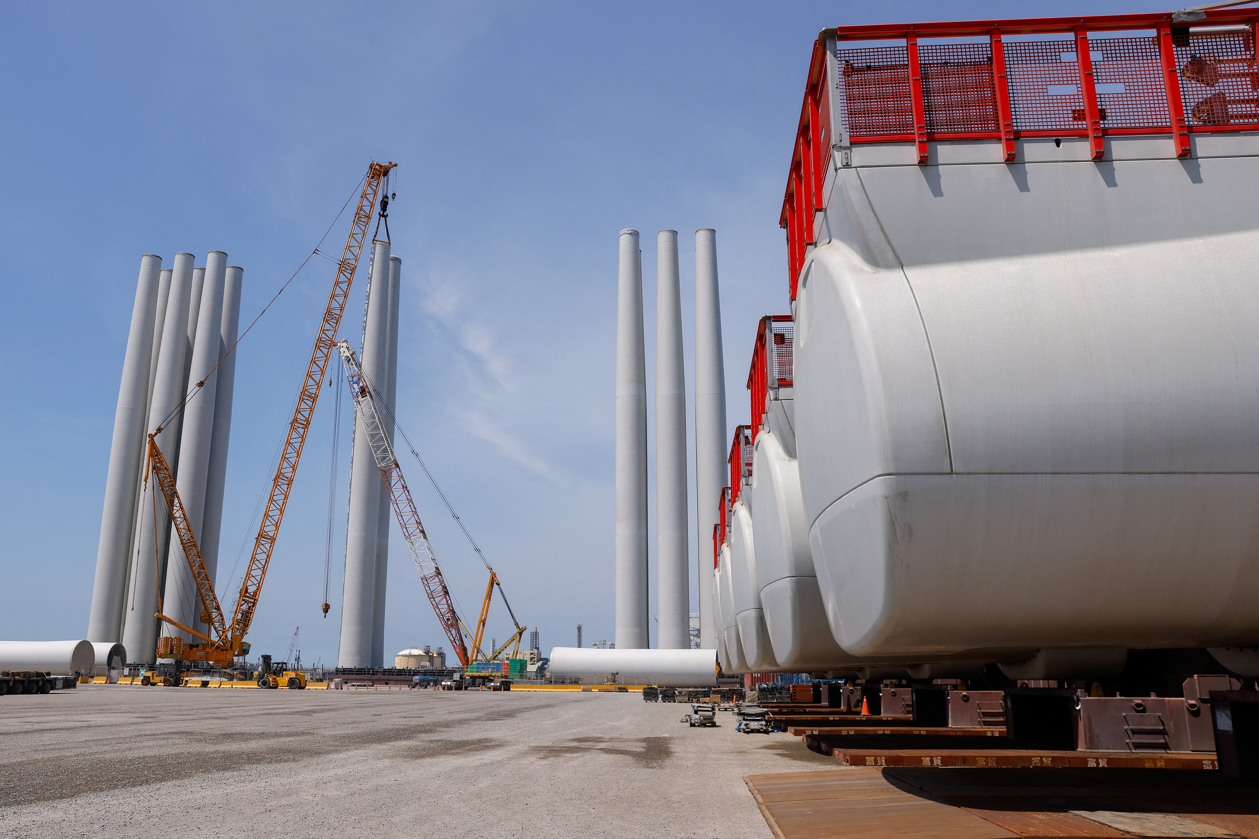 Turbine towers at Orsted's pre-assembly site in Taichung Port, in Taichung