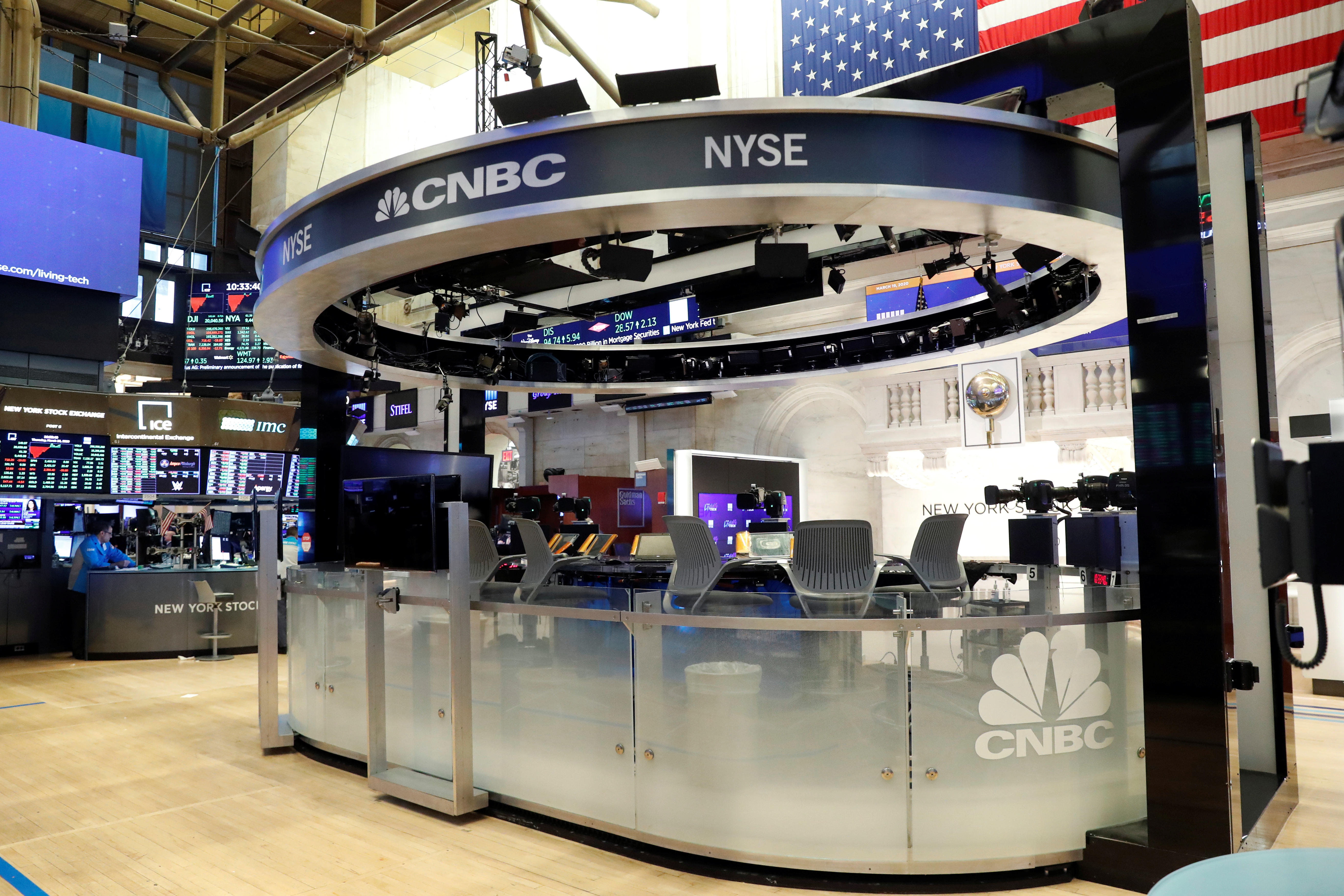 The CNBC Post 9 sits vacant on the floor of the NYSE in New York
