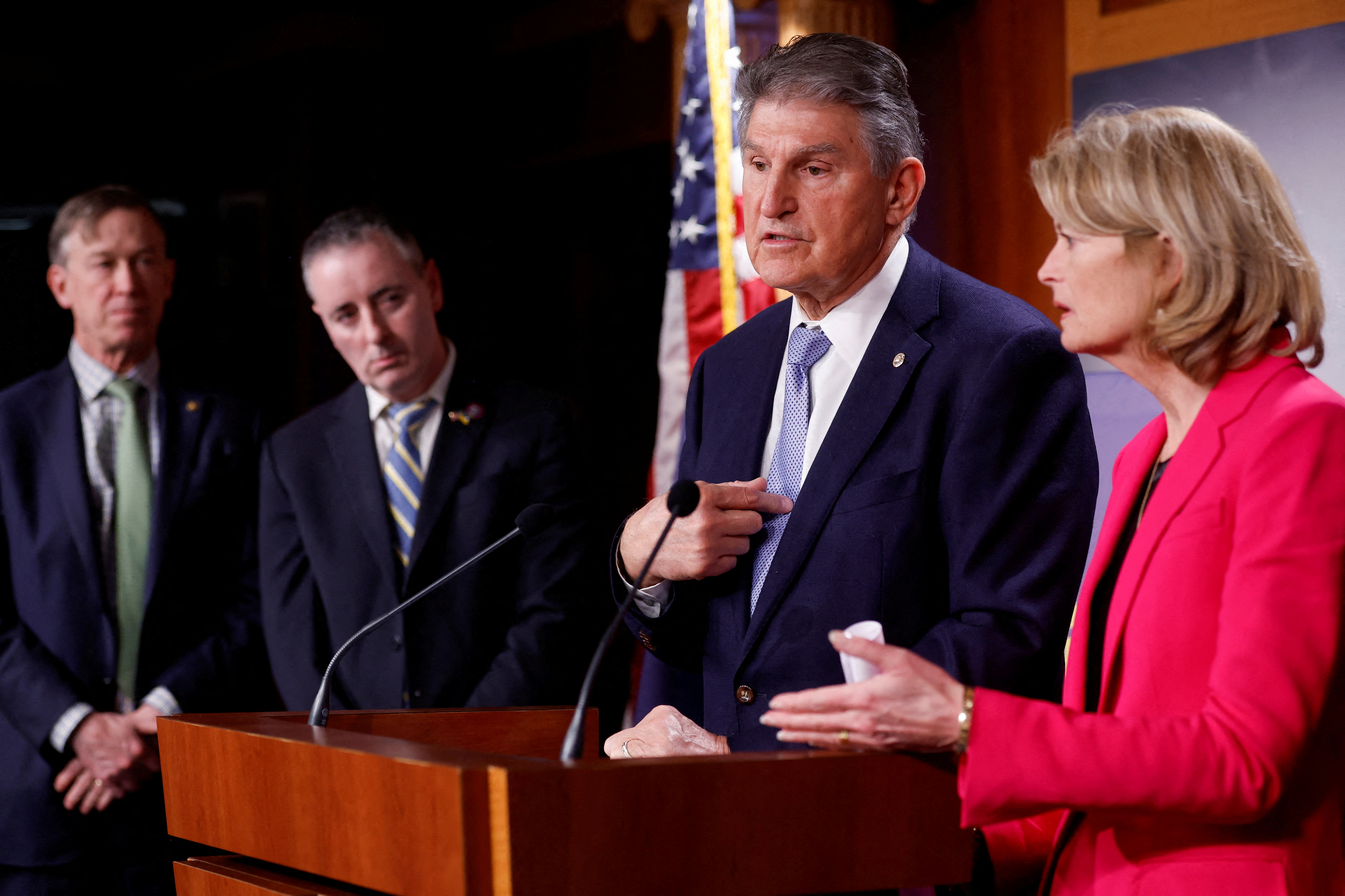 U.S. Senator Manchin leads a group of legislators to introduce a bill to ban Russian energy imports, at the U.S. Capitol, in Washington