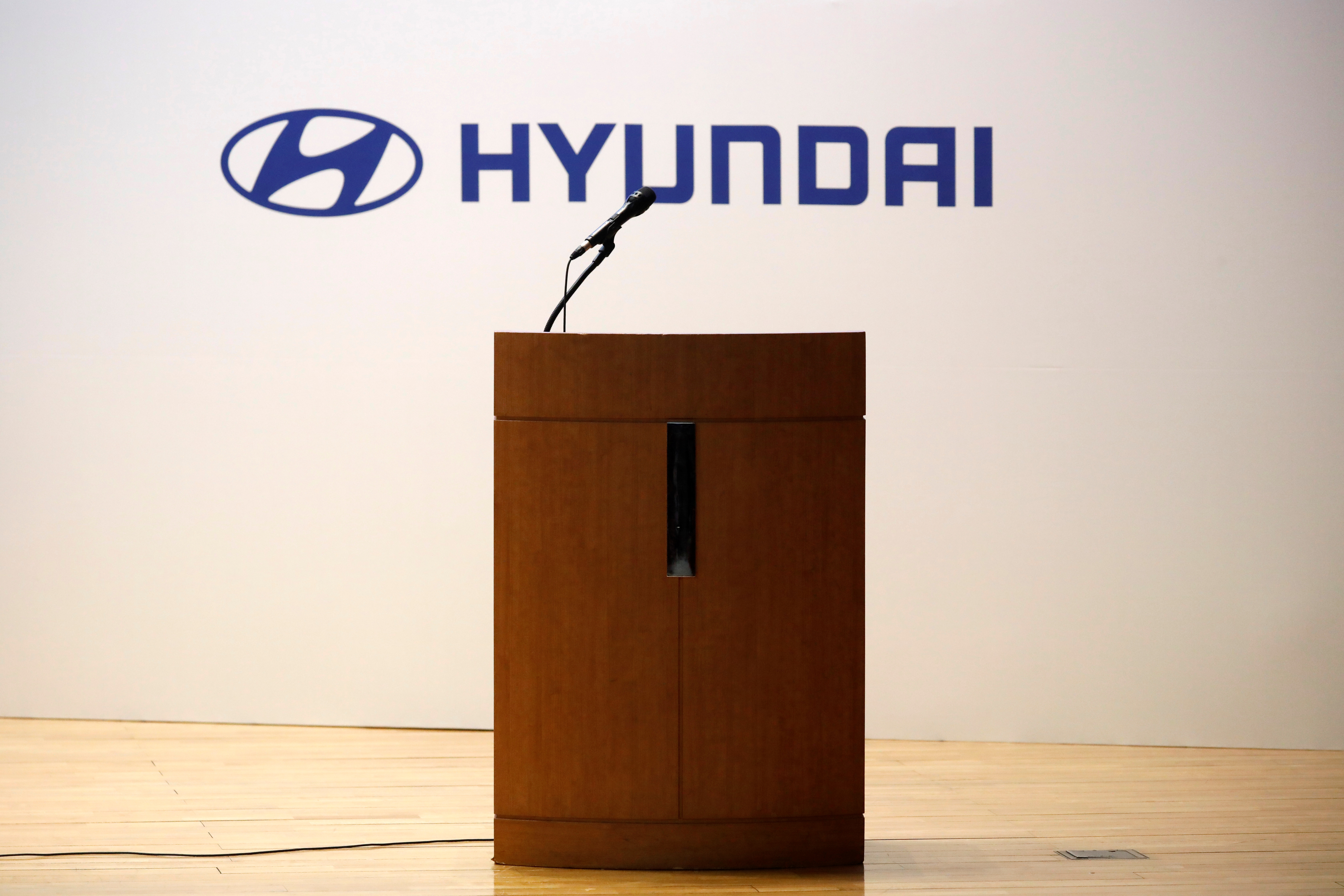 The logo of Hyundai Motor Group is seen during a general shareholders' meeting in Seoul