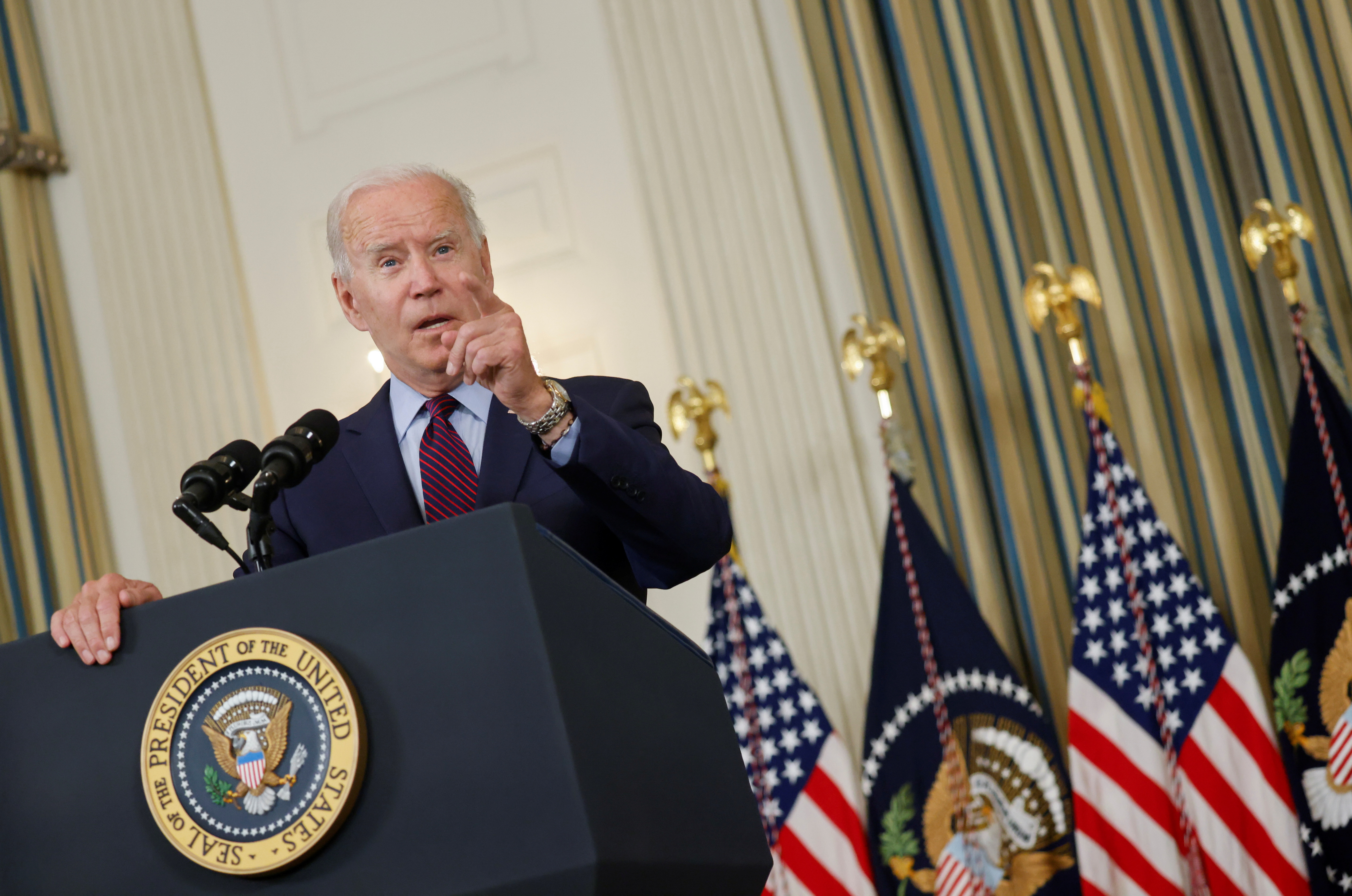 U.S. President Joe Biden delivers remarks on the U.S. debt ceiling from the State Dining Room of the White House