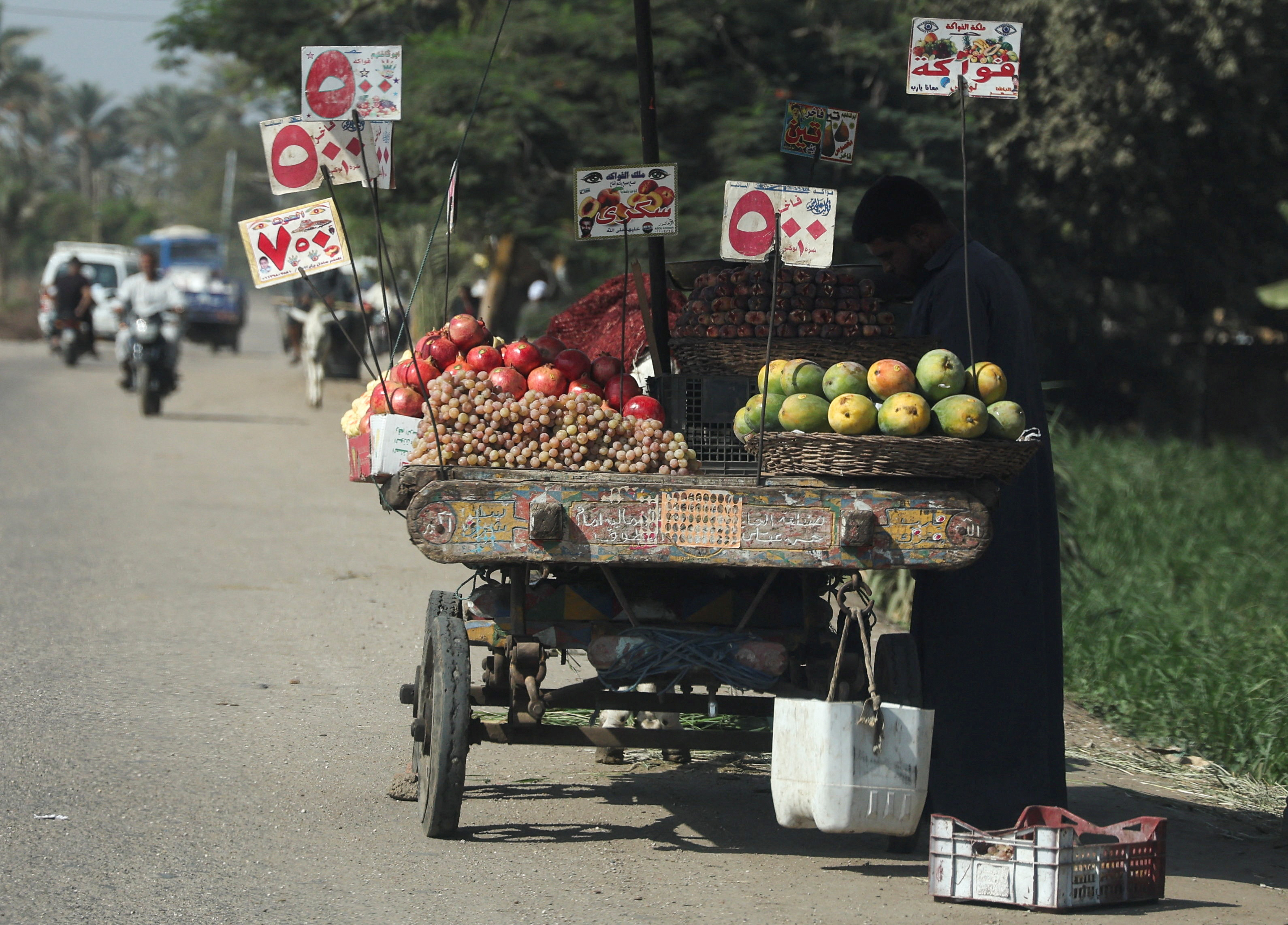 Street vendor stands with vegetables and fruits on a road of village market in Badrshein district on the outskirts of Giza