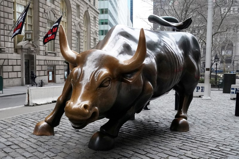 The Charging Bull or Wall Street Bull is pictured in the Manhattan borough of New York City