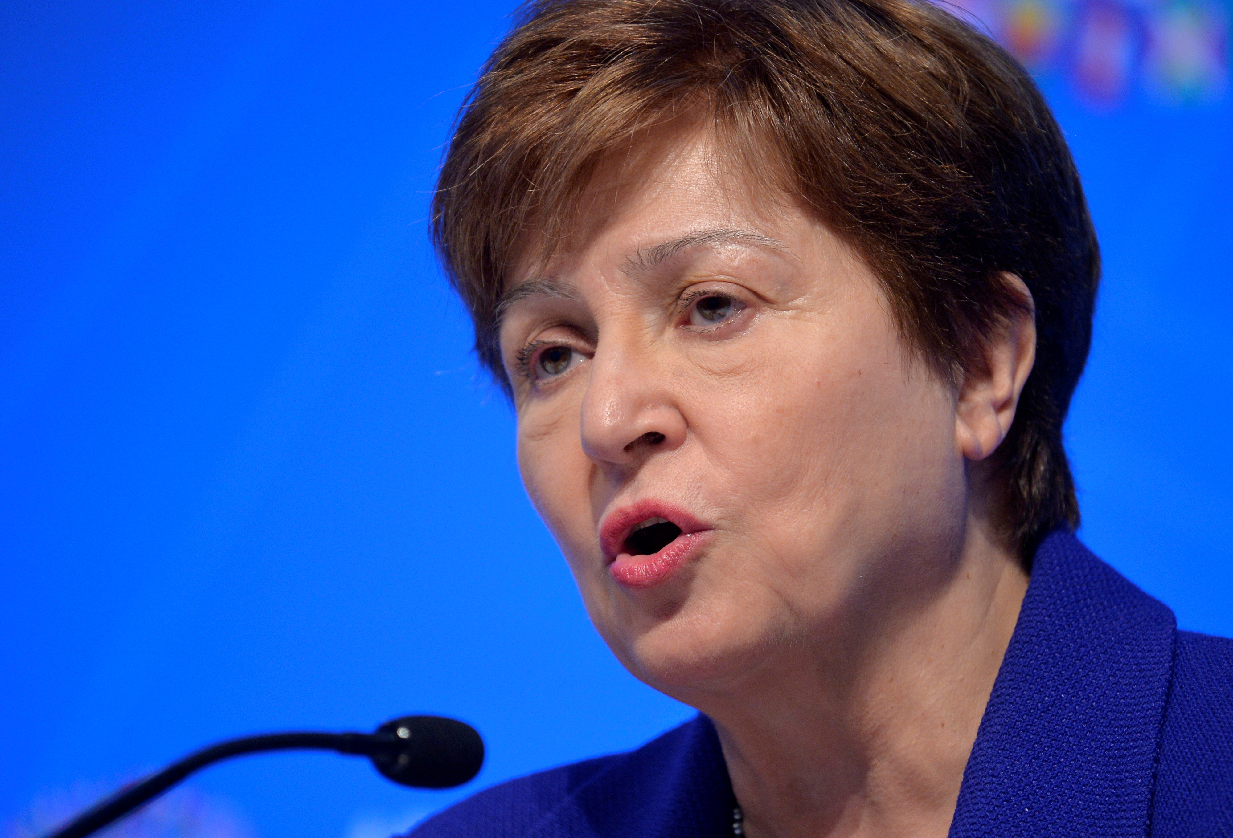 International Monetary Fund (IMF) Managing Director Kristalina Georgieva makes remarks during a closing news conference for the International Monetary Finance Committee (IMFC), during the IMF and World Bank's 2019 Annual Meetings of finance ministers and bank governors, in Washington, U.S., October 19, 2019.   REUTERS/Mike Theiler