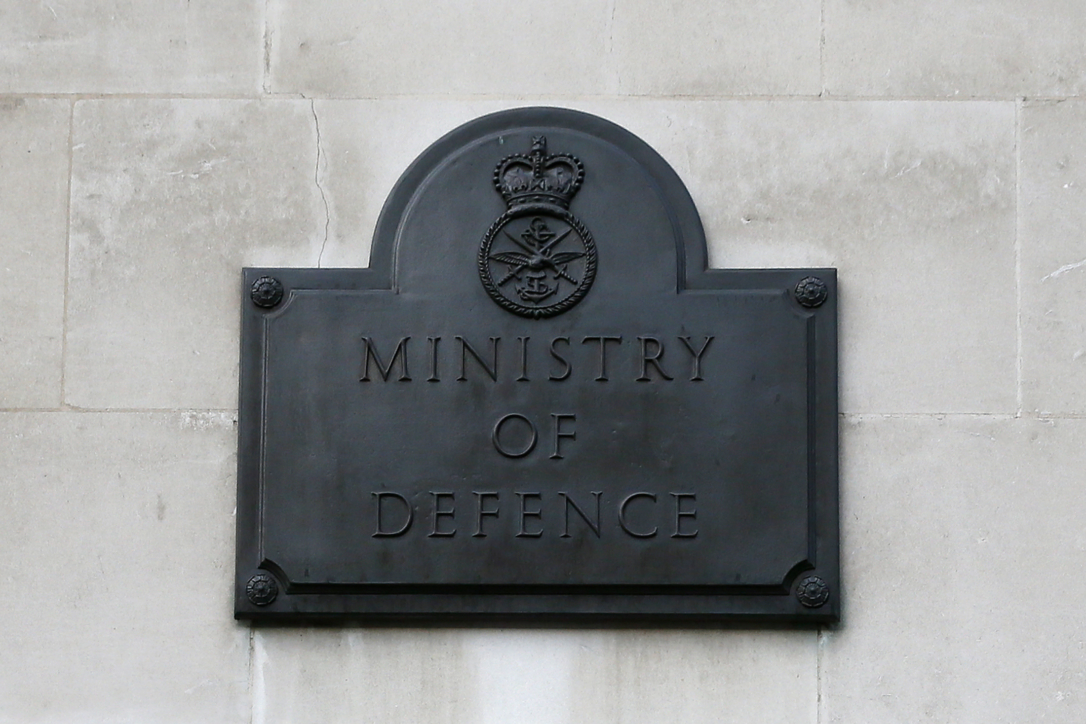 A sign hangs outside the Ministry of Defence building in London