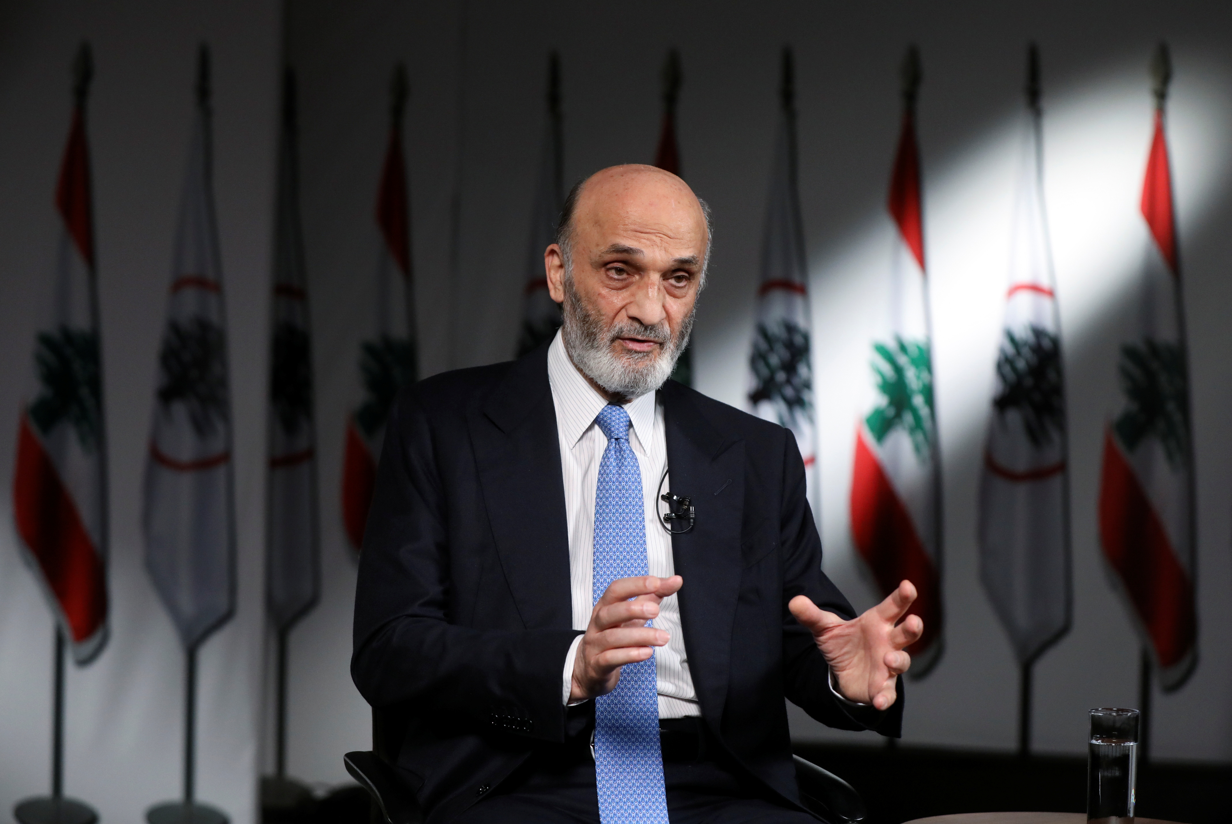 Samir Geagea, the leader of Lebanon's Christian Lebanese Forces (LF) party, speaks during an interview with Reuters at his residence in Maarab, Lebanon November 29, 2021. Picture taken November 29, 2021. REUTERS/Mohamed Azakir