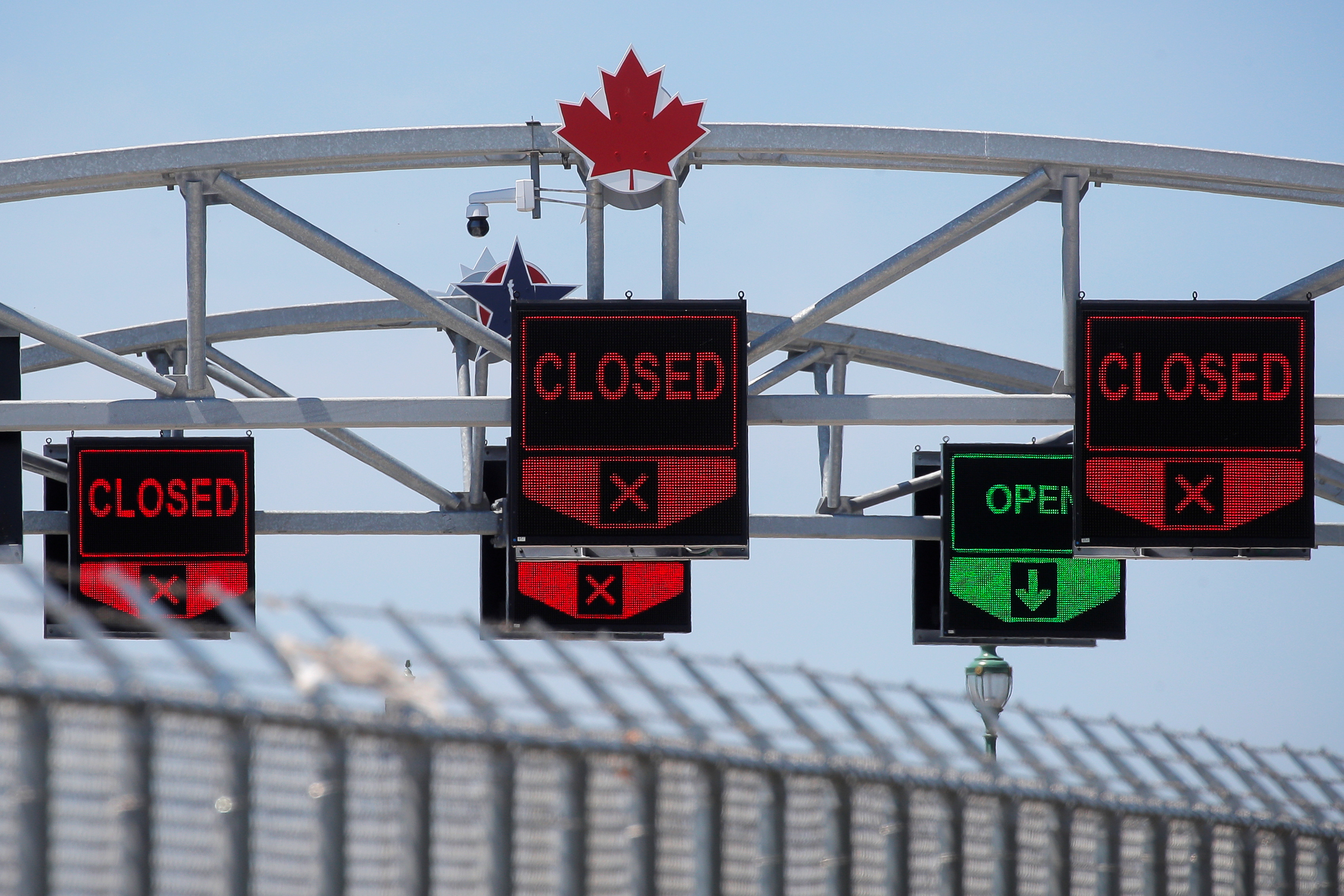 A Canadian maple leaf is seen on The Peace Bridge, which runs between Canada and the United States, over the Niagara River in Buffalo, New York