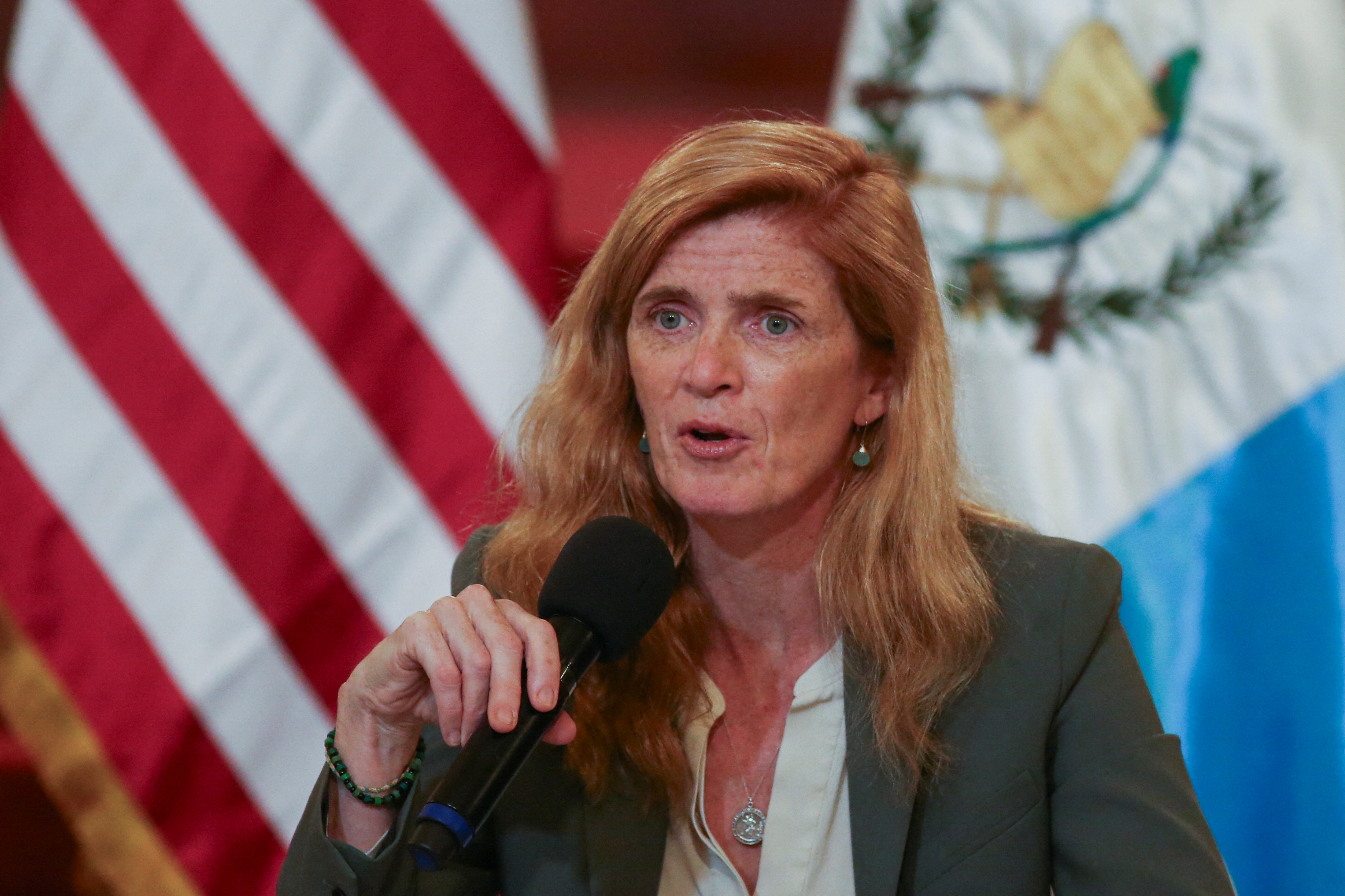 USAID Administrator Samantha Power arrives to a news conference, in Guatemala City