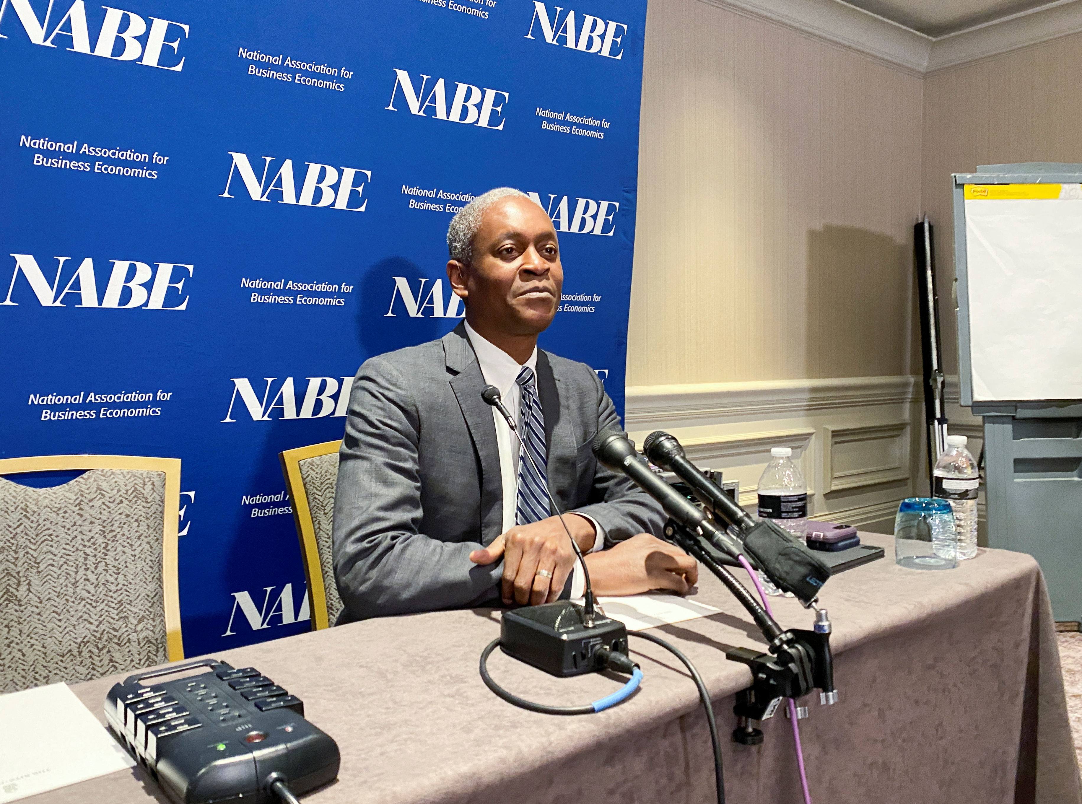 U.S. Atlanta Federal Reserve Bank President Raphael Bostic speaks to reporters at the National Association of Business Economics' annual policy meeting in Washington
