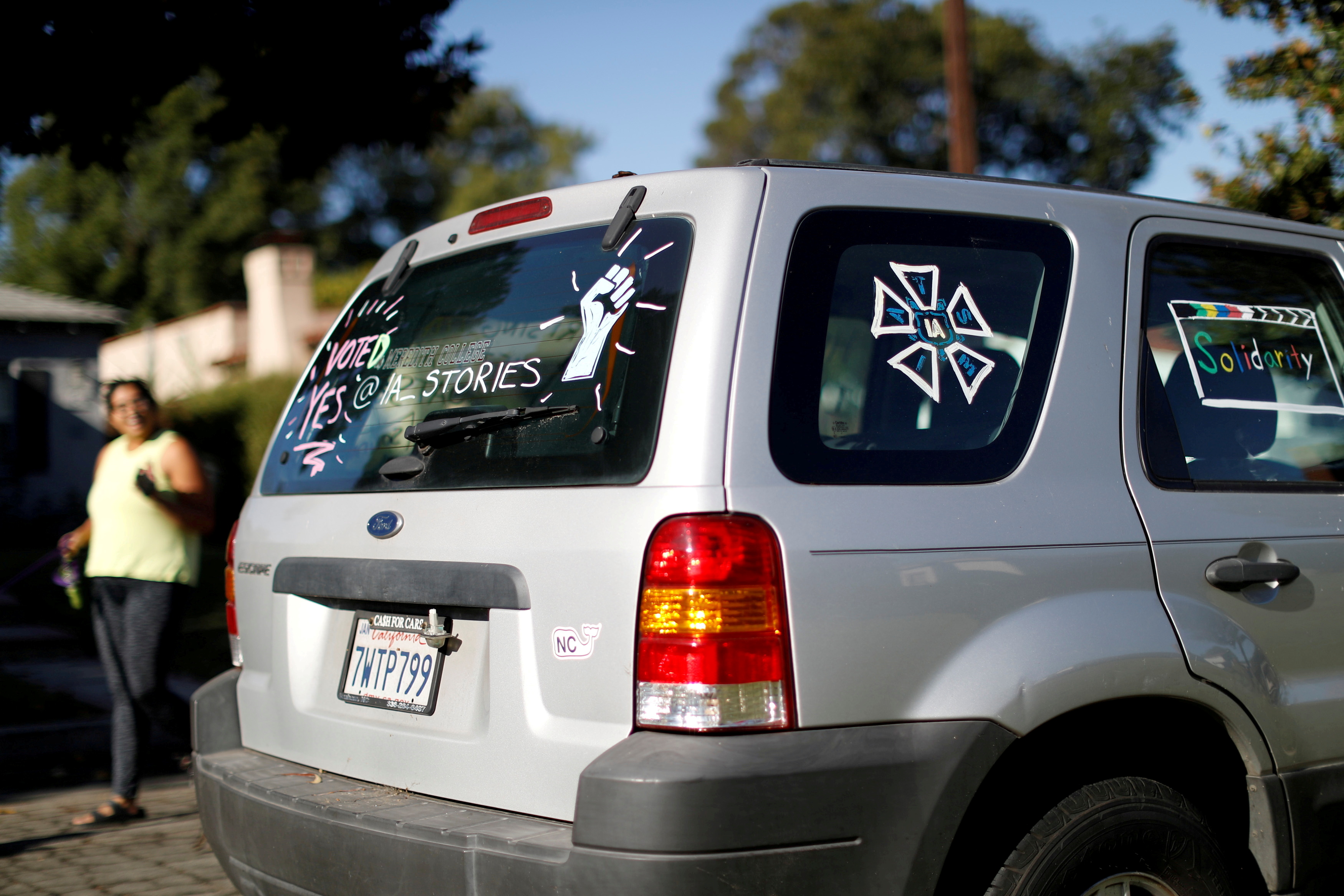 The adorned car windows of a neighbouring vehicle are pictured the day after 90% of IATSE Local 871 members cast ballots and more than 98% of the votes returned were in favor of authorizing a strike in Glendale