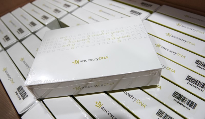 Boxes of Ancestry.com DNA kits sit in a box ready for sale at the 2019 RootsTech annual genealogical event in Salt Lake City