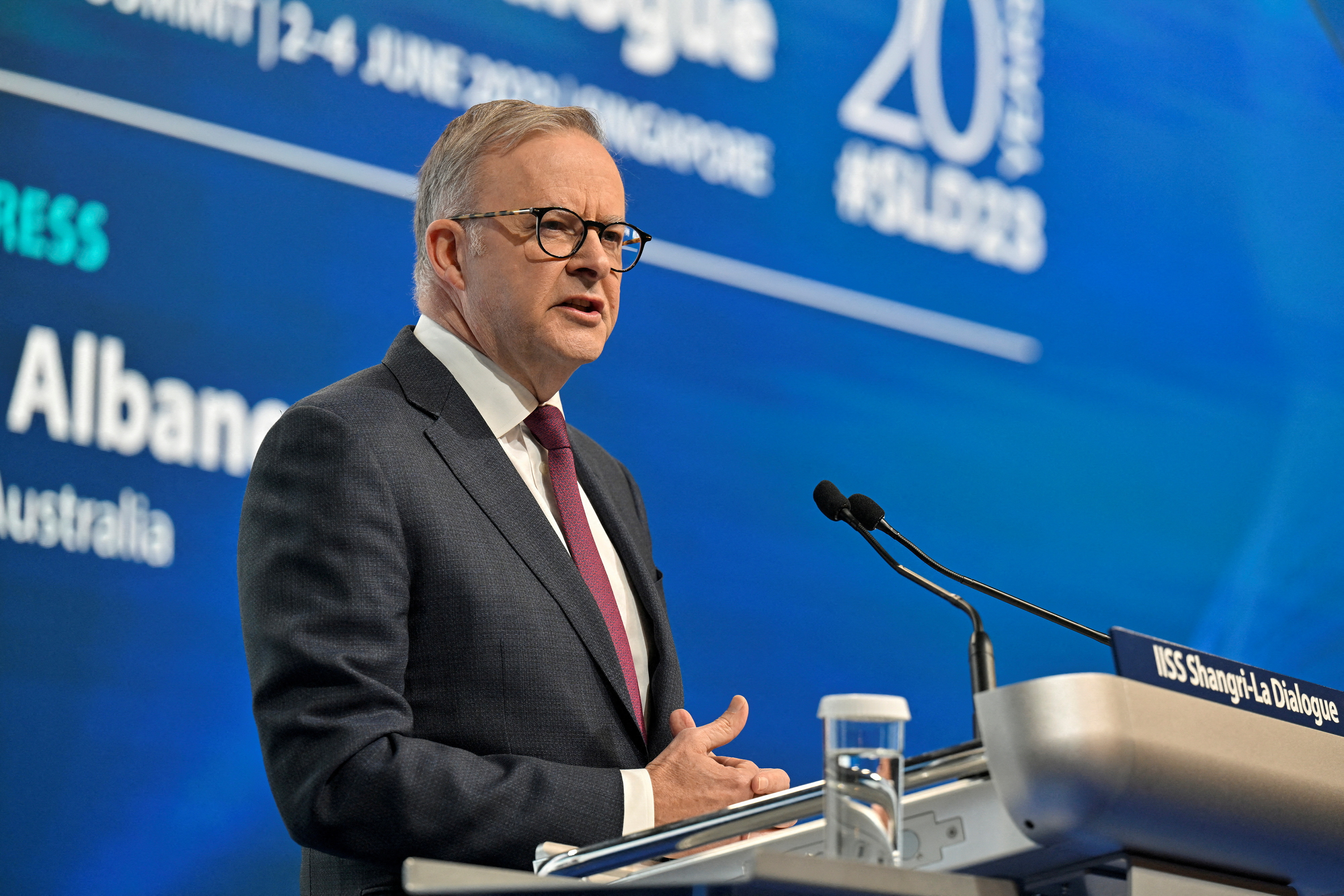 Australia's Prime Minister Anthony Albanese gives the keynote address for the 20th IISS Shangri-La Dialogue in Singapore