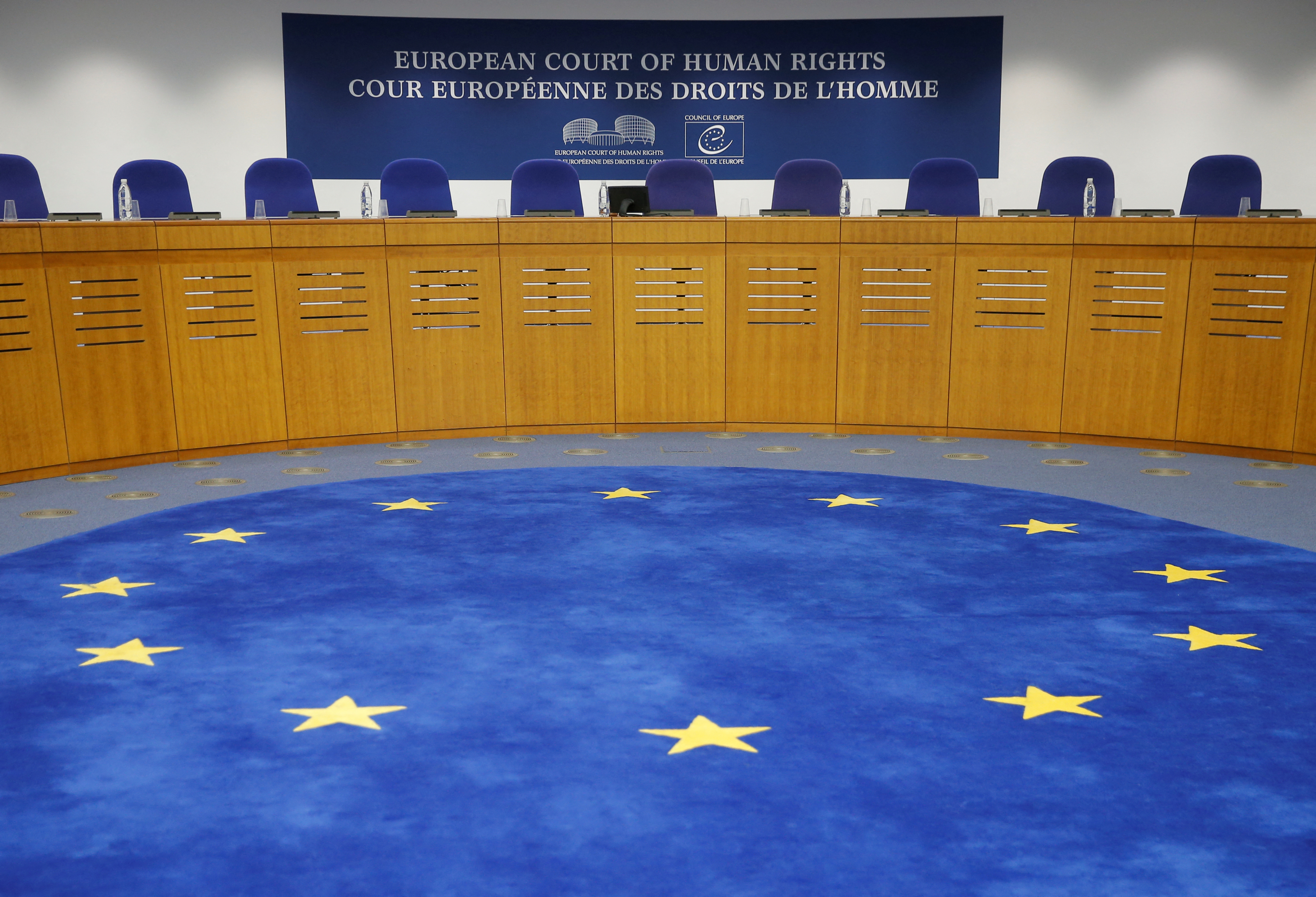 The courtroom of the European Court of Human Rights is seen ahead of the start of a hearing in Strasbourg