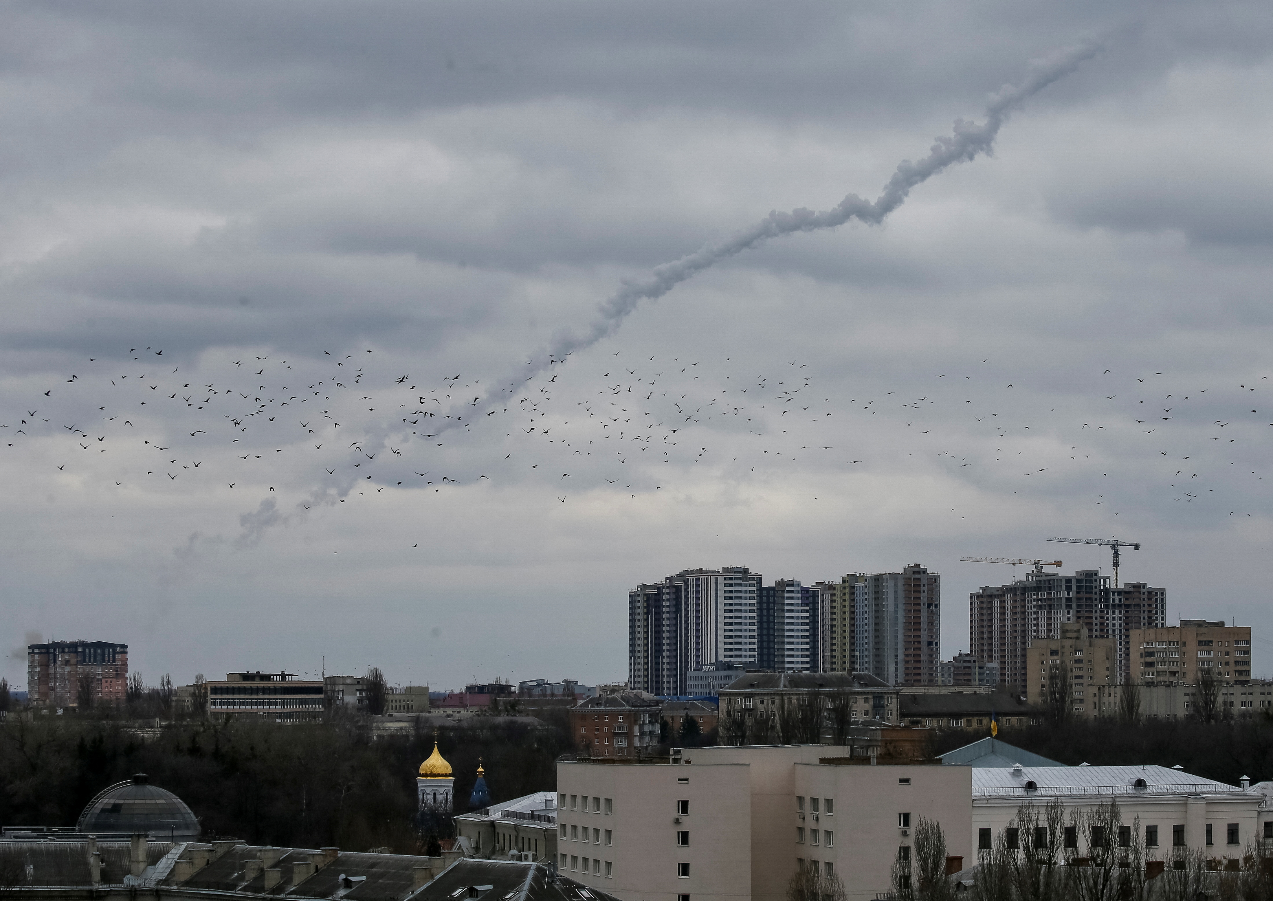 Trail of rocket smoke is seen in the sky over Kyiv