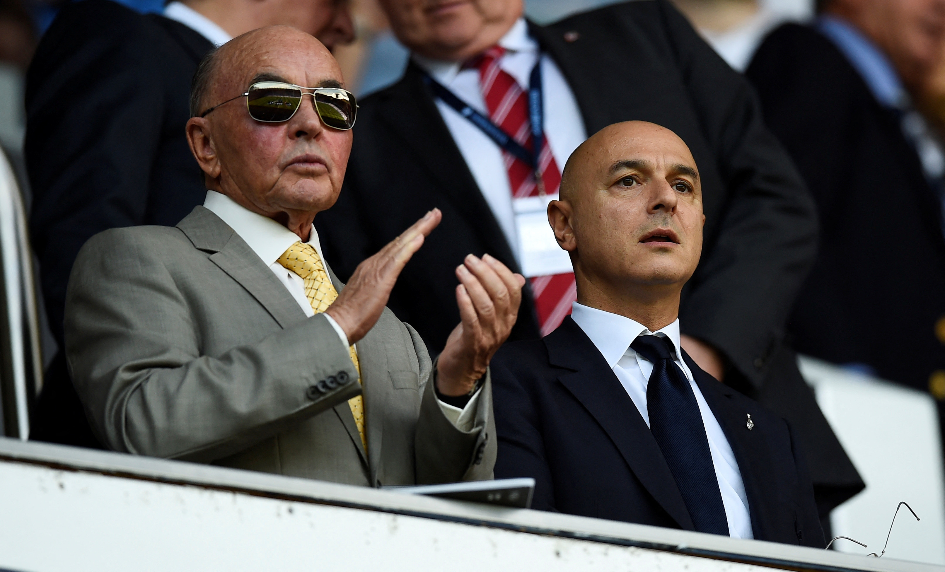 Tottenham Hotspur owner Joe Lewis (L) and chairman Daniel Levy in the stands