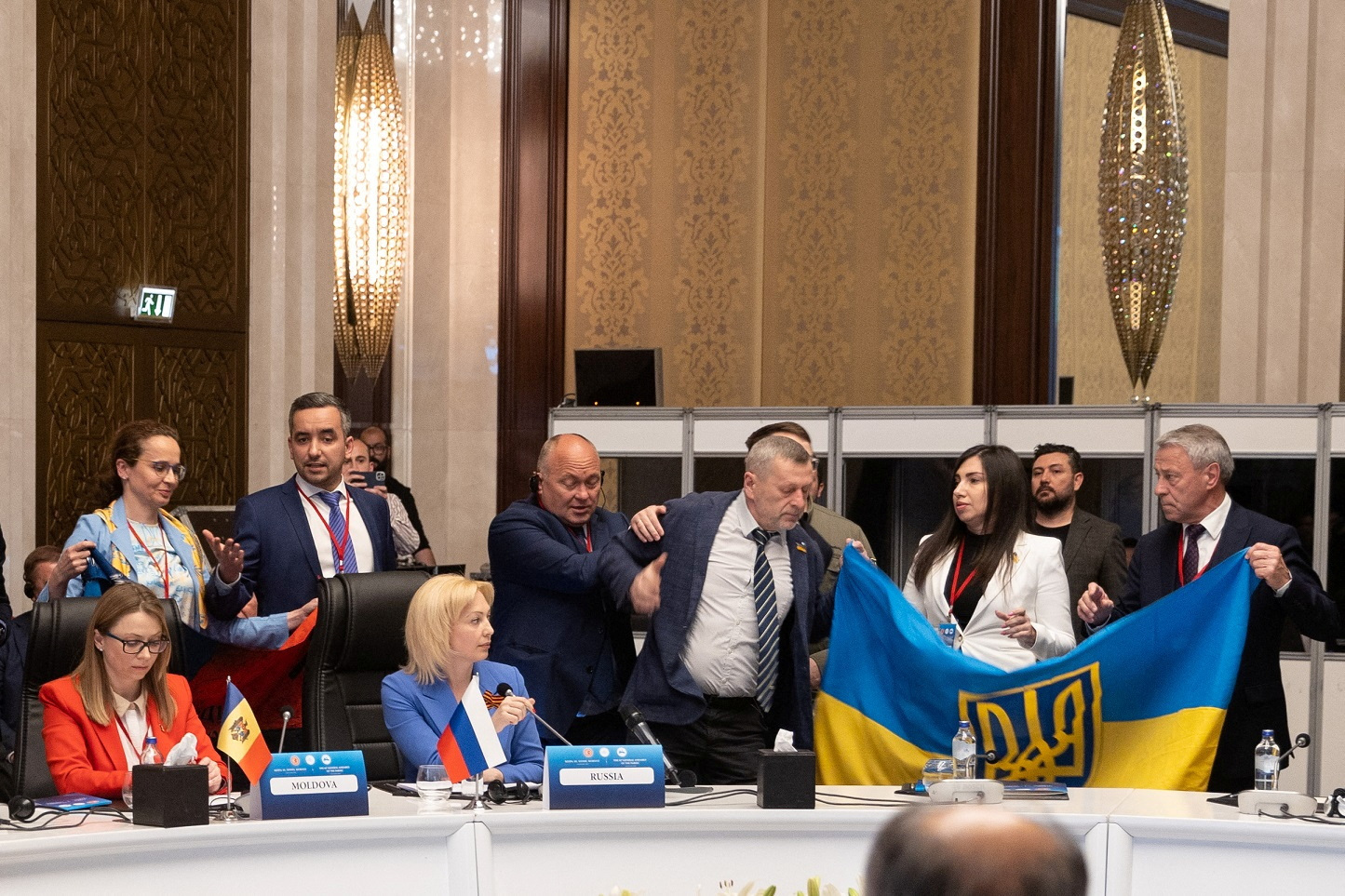 Ukrainian delegation protests against Russia during a meeting of PABSEC in Ankara