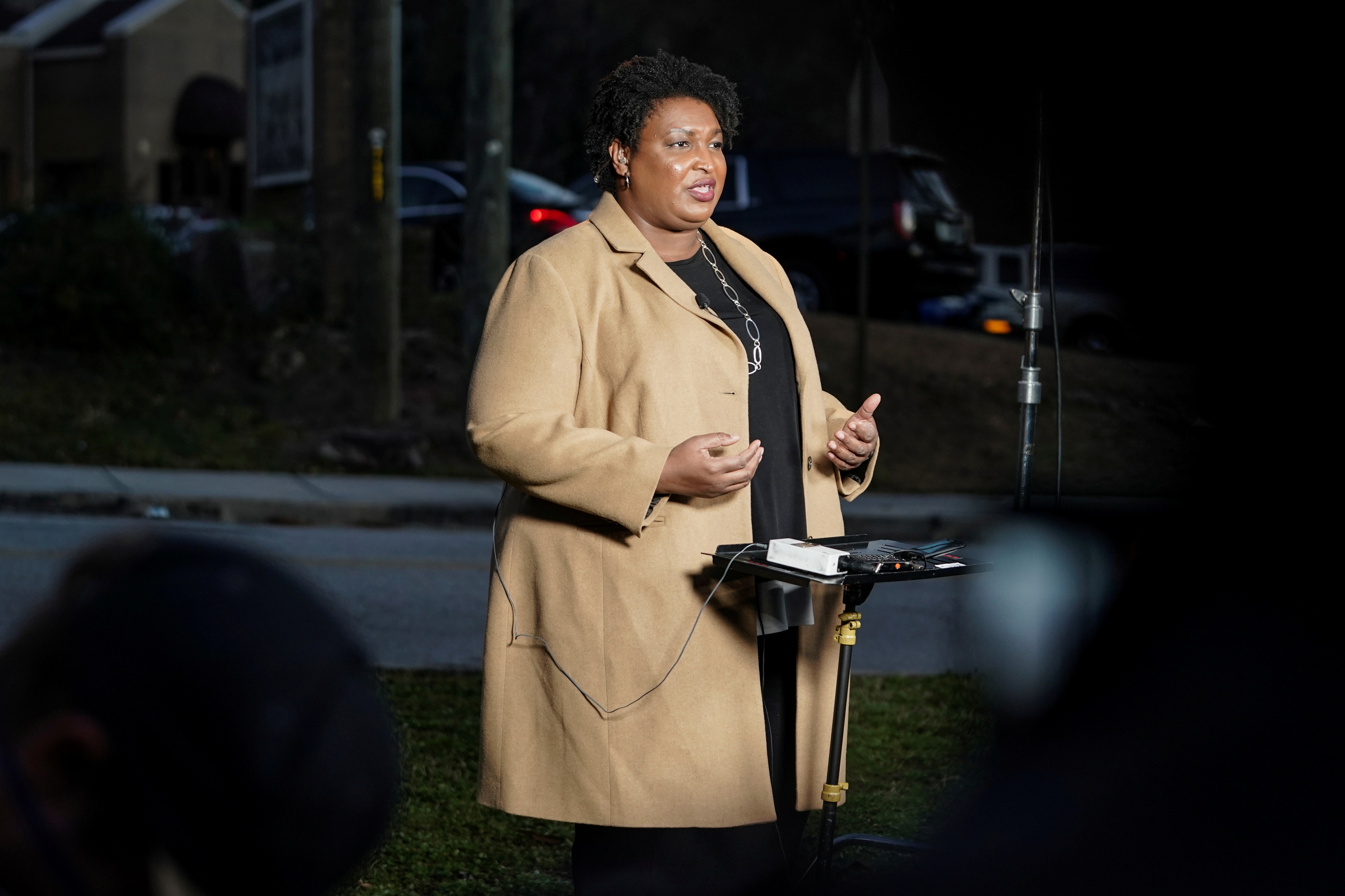 Stacey Abrams speaks to the media about the U.S. Senate runoff elections outside St. Paul's Episcopal Church in Atlanta, Georgia, U.S., January 5, 2021.  REUTERS/Elijah Nouvelage/File Photo