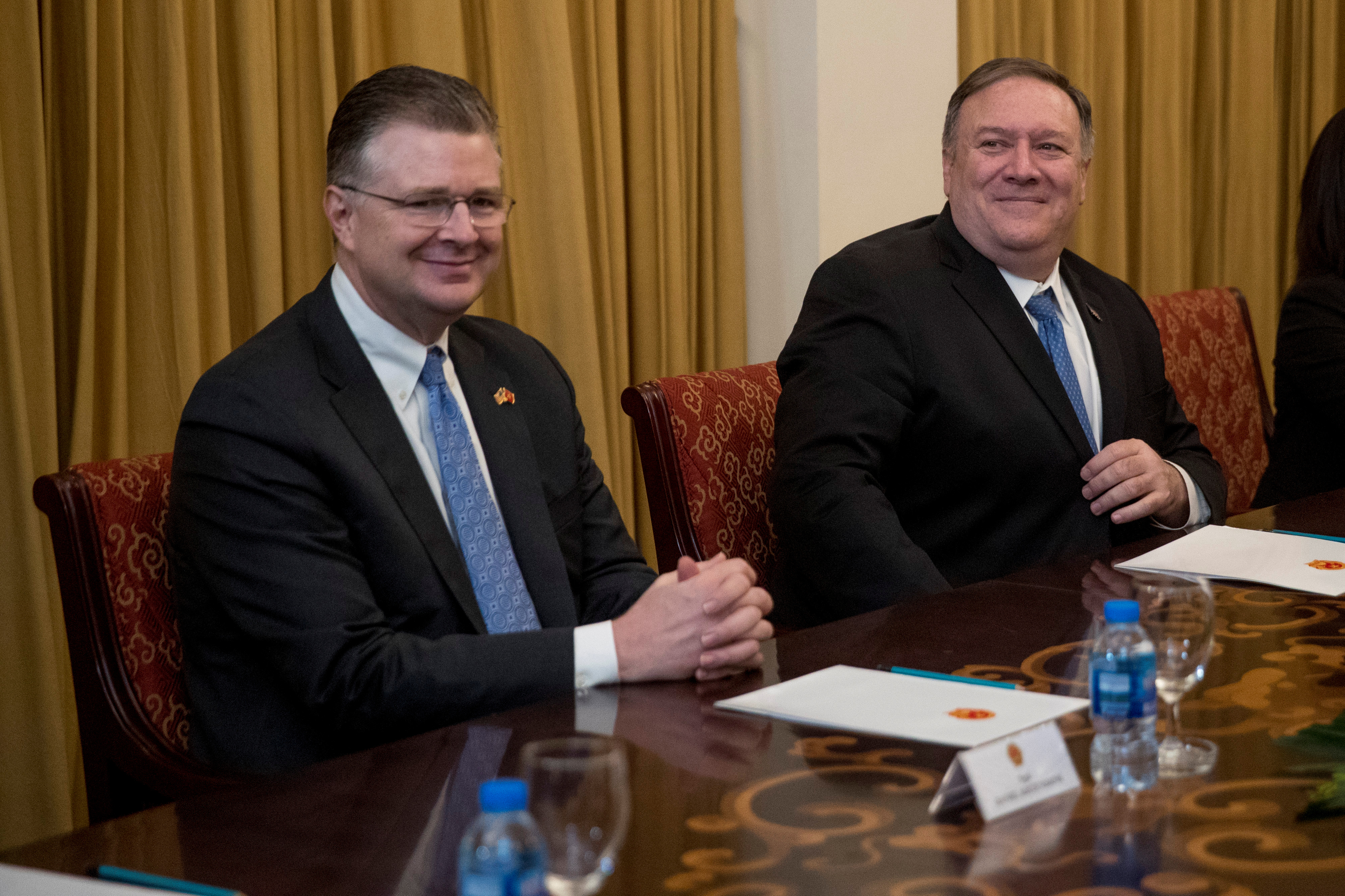 U.S. Secretary of State Mike Pompeo and U.S. Ambassador to Vietnam Daniel Kritenbrink attend a meeting with Vietnamese Foreign Minister Pham Binh Minh at the Ministry of Foreign Affairs in Hanoi, Vietnam, February 26, 2019. Andrew Harnik/Pool via REUTERS