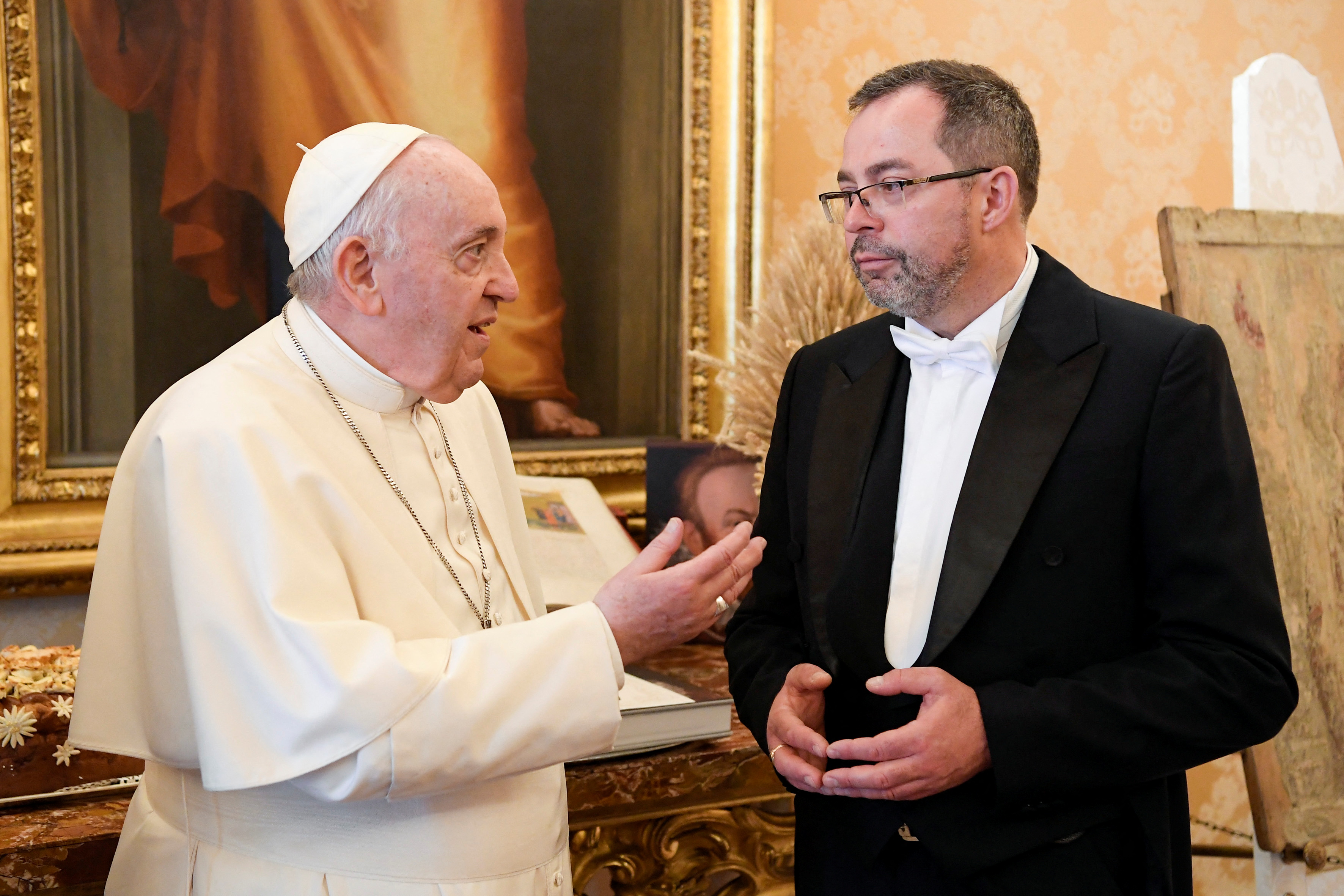 Pope Francis meets with Ukraine's ambassador to the Vatican, Andriy Yurash during a private audience at the Vatican