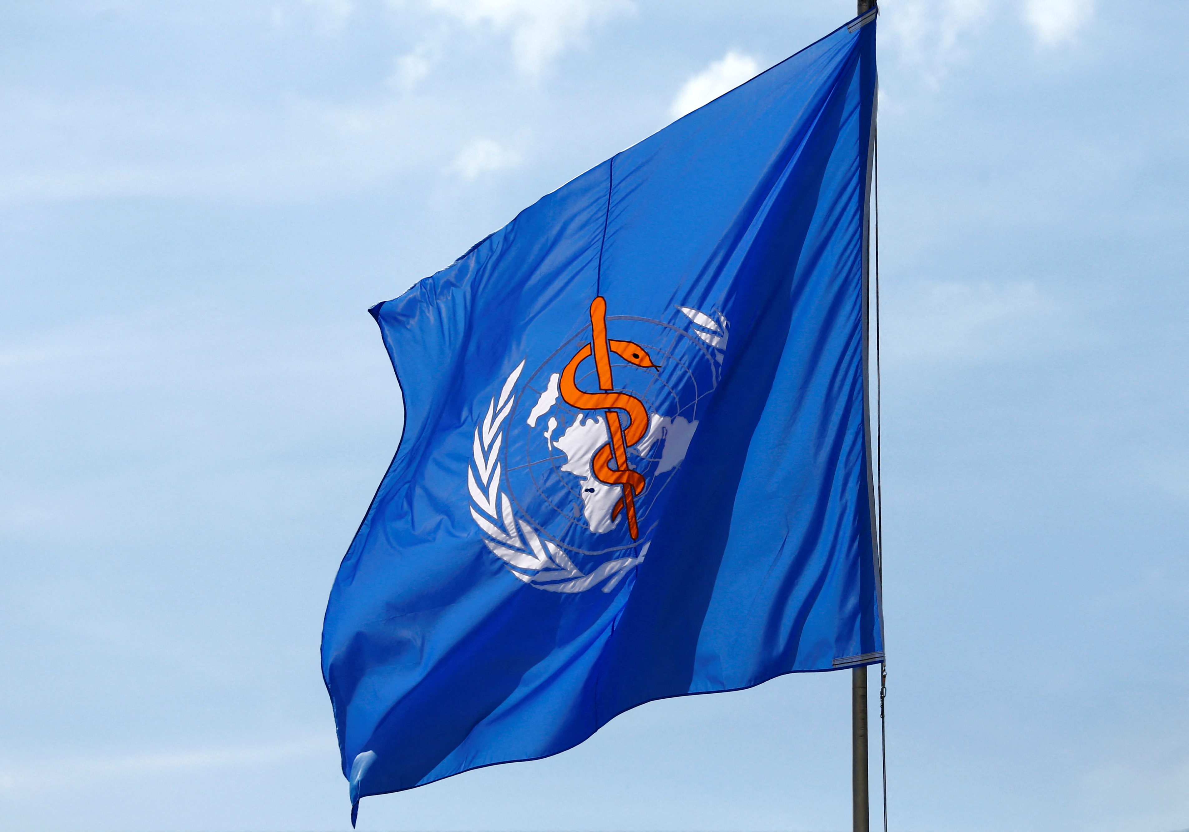 A WHO flag is pictured during a break between rounds of the election of the new Director General of the WHO in Geneva