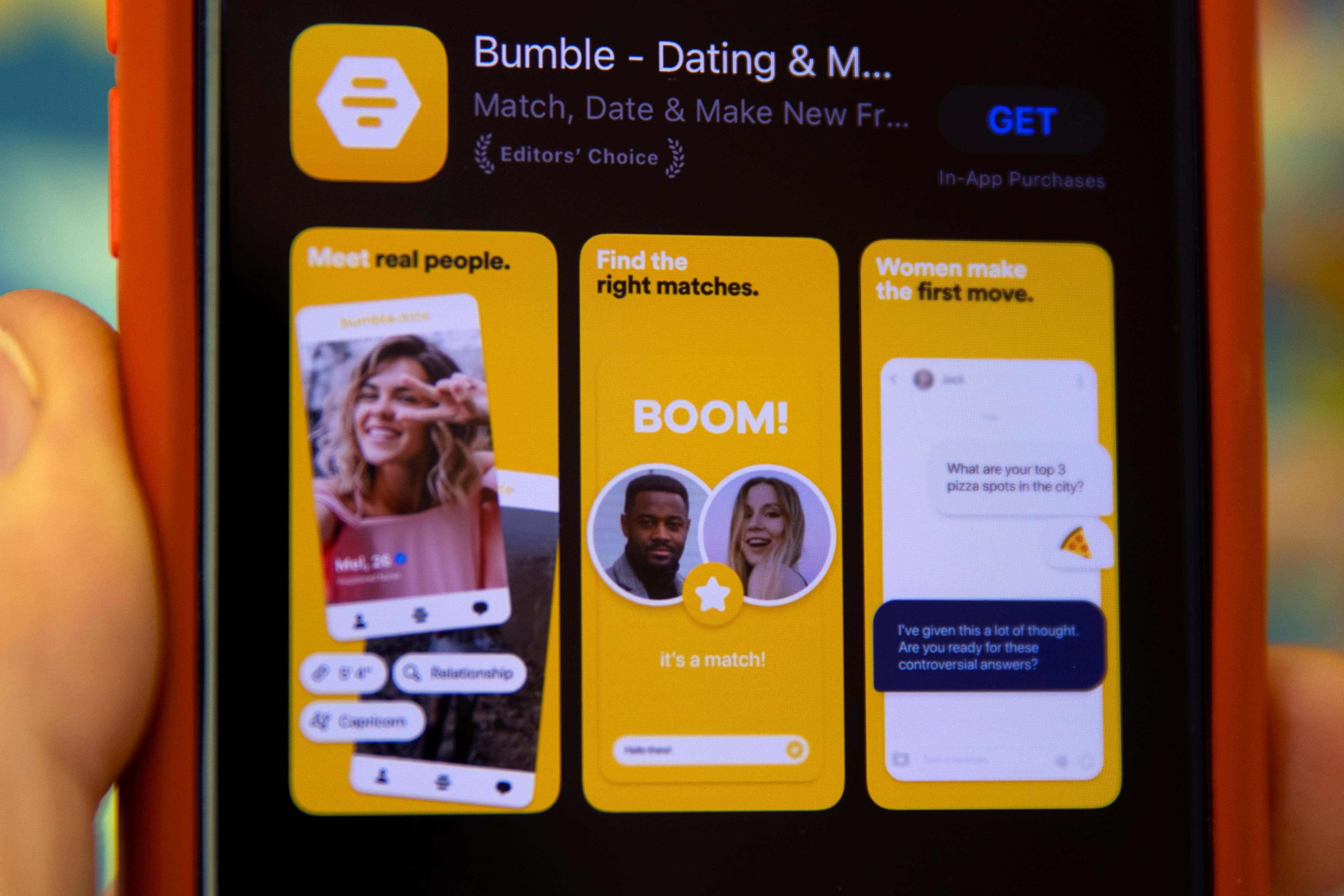 The Bumble Inc. (BMBL) app is shown on an Apple iPhone in this photo illustration