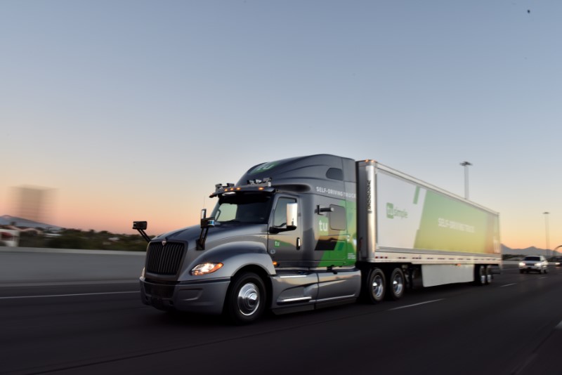 A TuSimple self-driving truck is pictured in this undated handout photo.  TuSimple/Handout via REUTERS