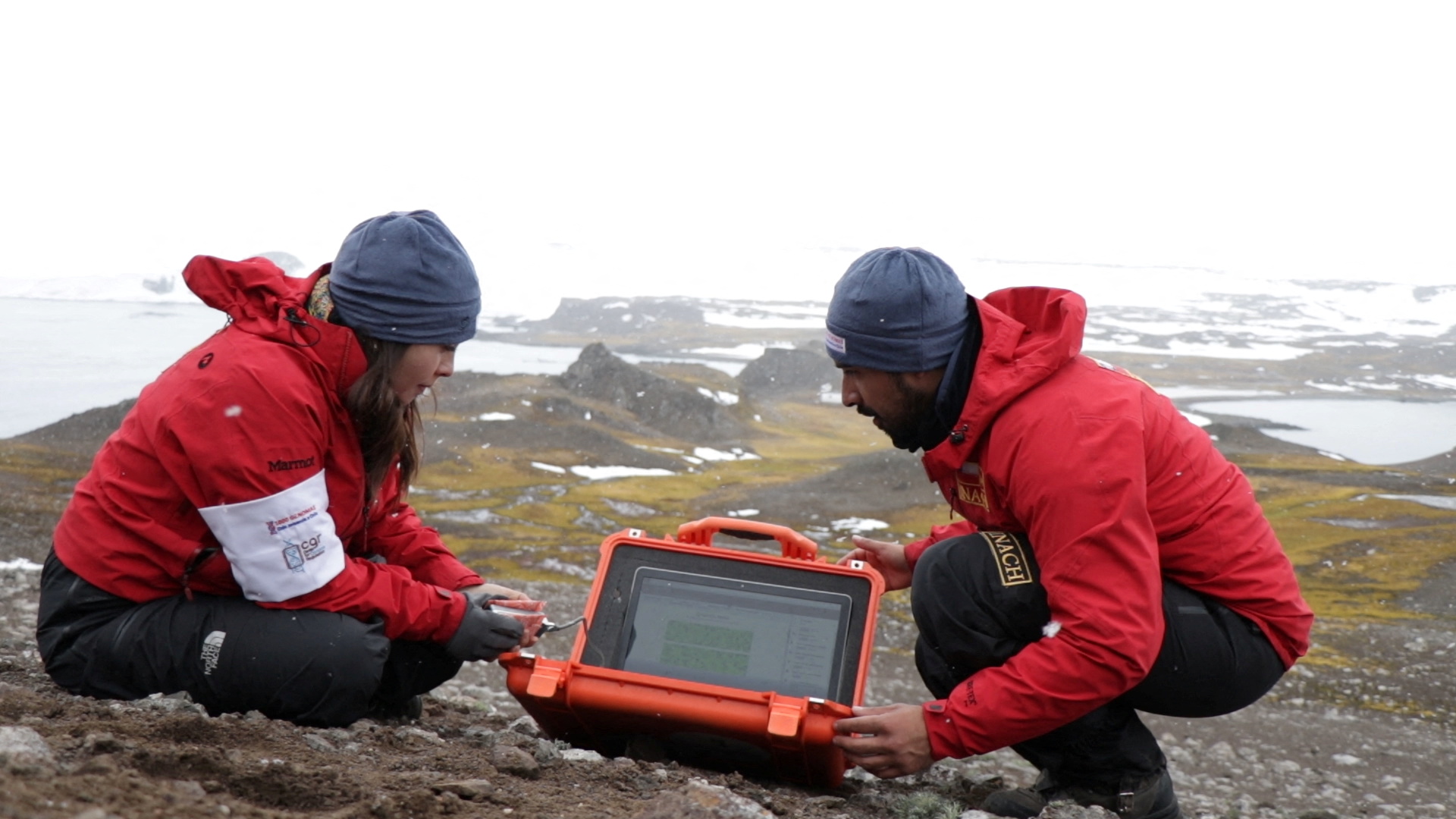 Scientists from the University of Chile work on a laptop as they check organic material looking for a bacteria discovered in Antarctica