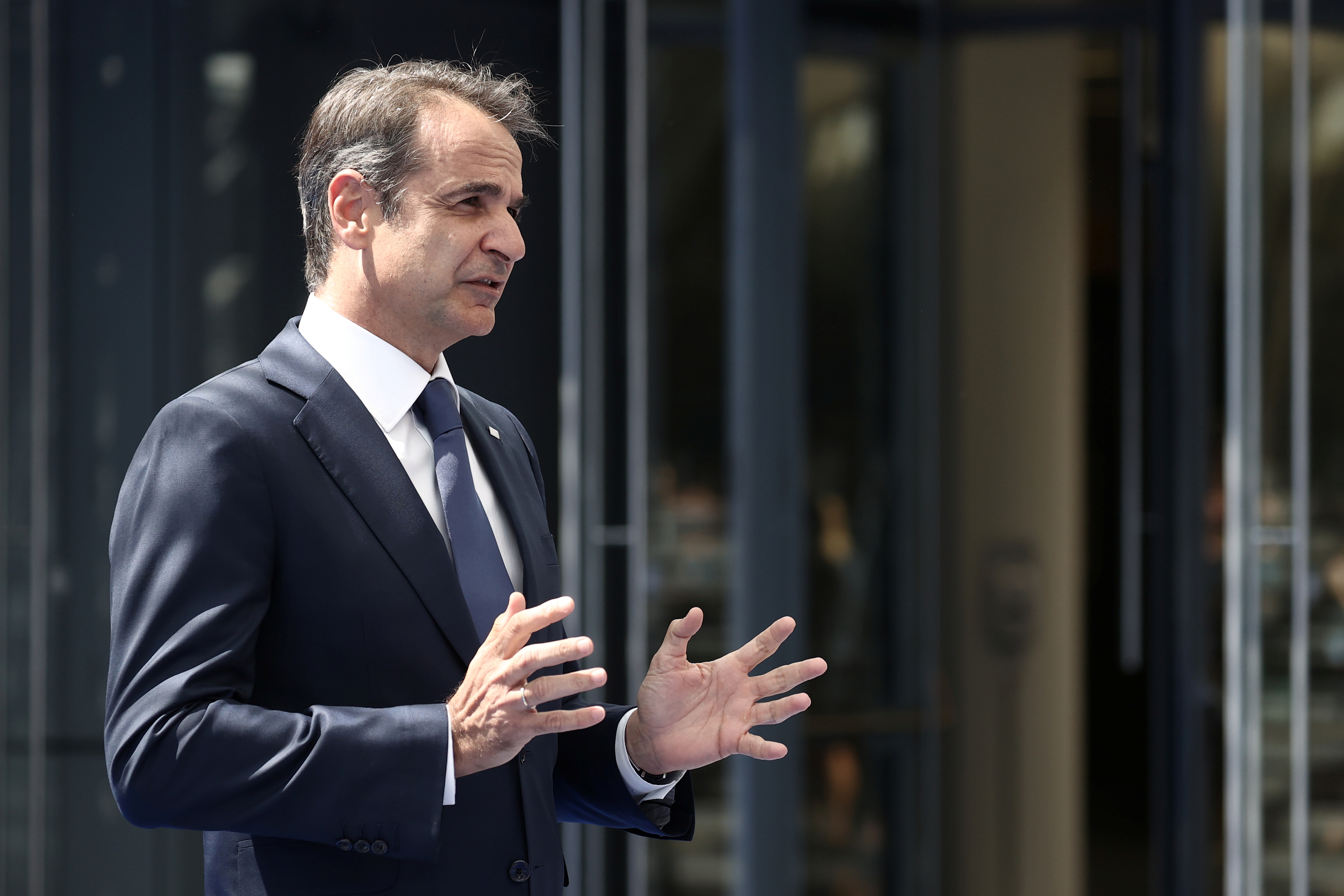 Greece's Prime Minister Kyriakos Mitsotakis arrives for the NATO summit at the Alliance's headquarters, in Brussels, Belgium, June 14, 2021. Kenzo Tribouillard/Pool via REUTERS
