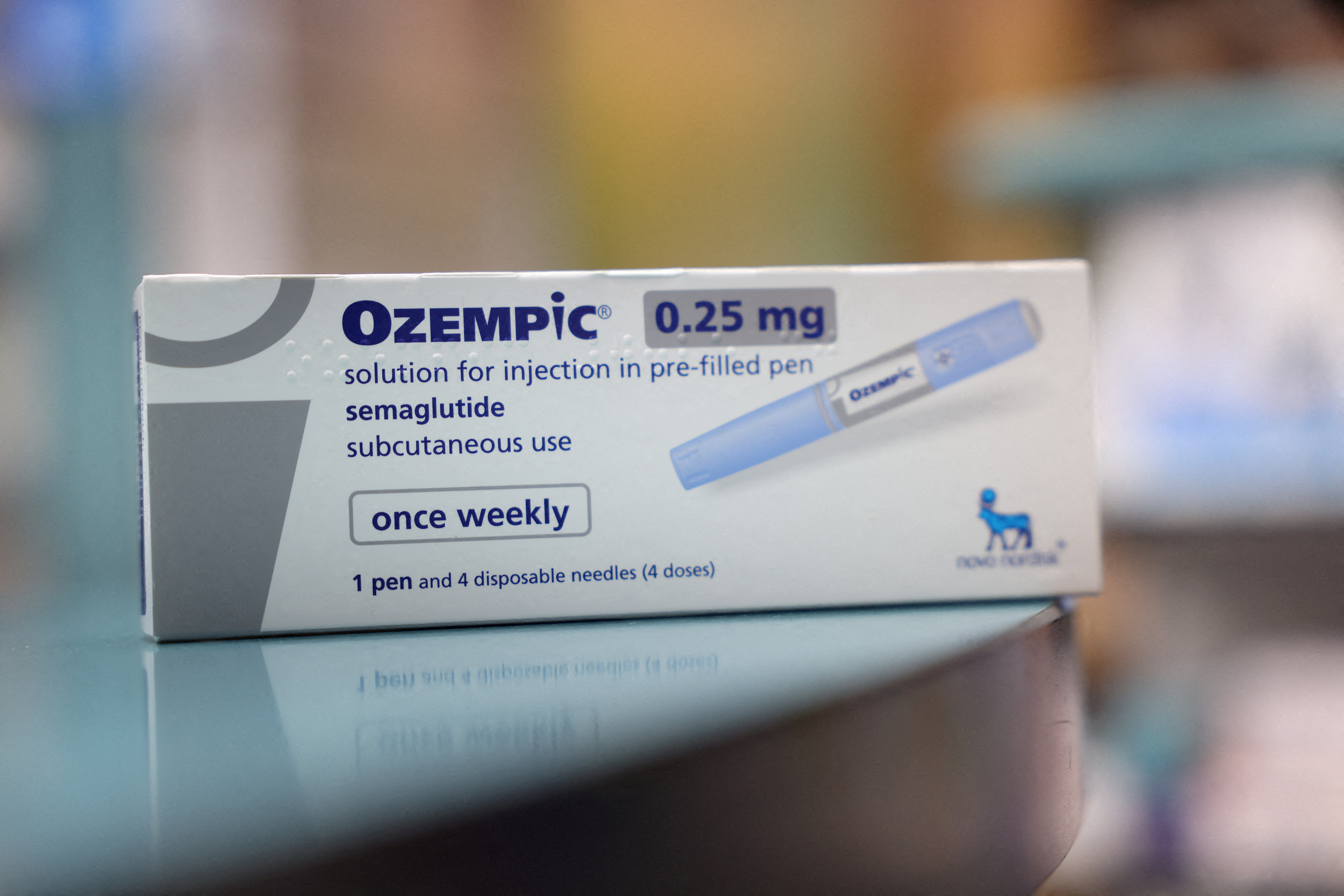 A box of Ozempic made by Novo Nordisk is seen at a pharmacy in London