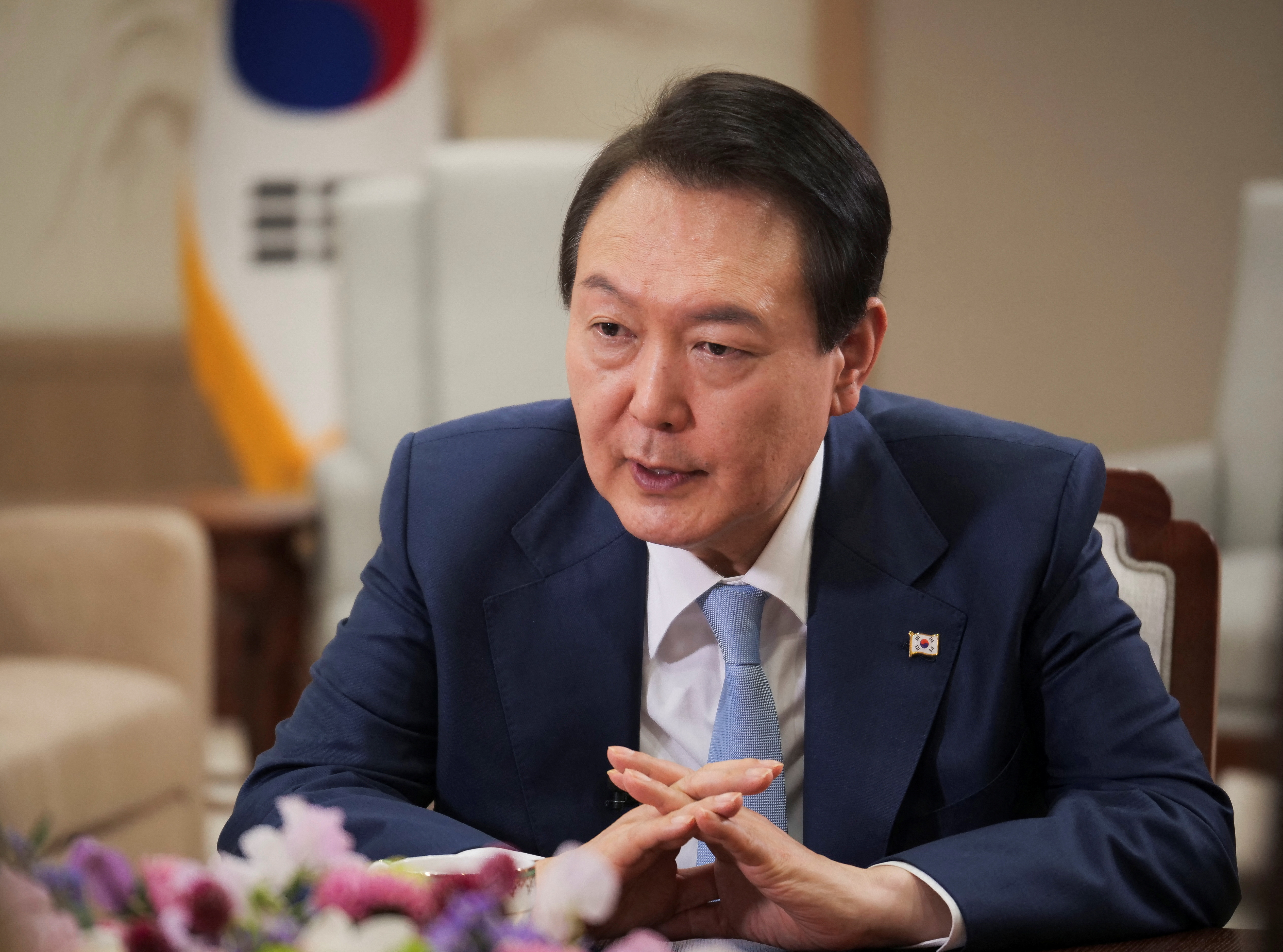 South Korean President Yoon Suk-yeol attends an interview with Reuters in Seoul