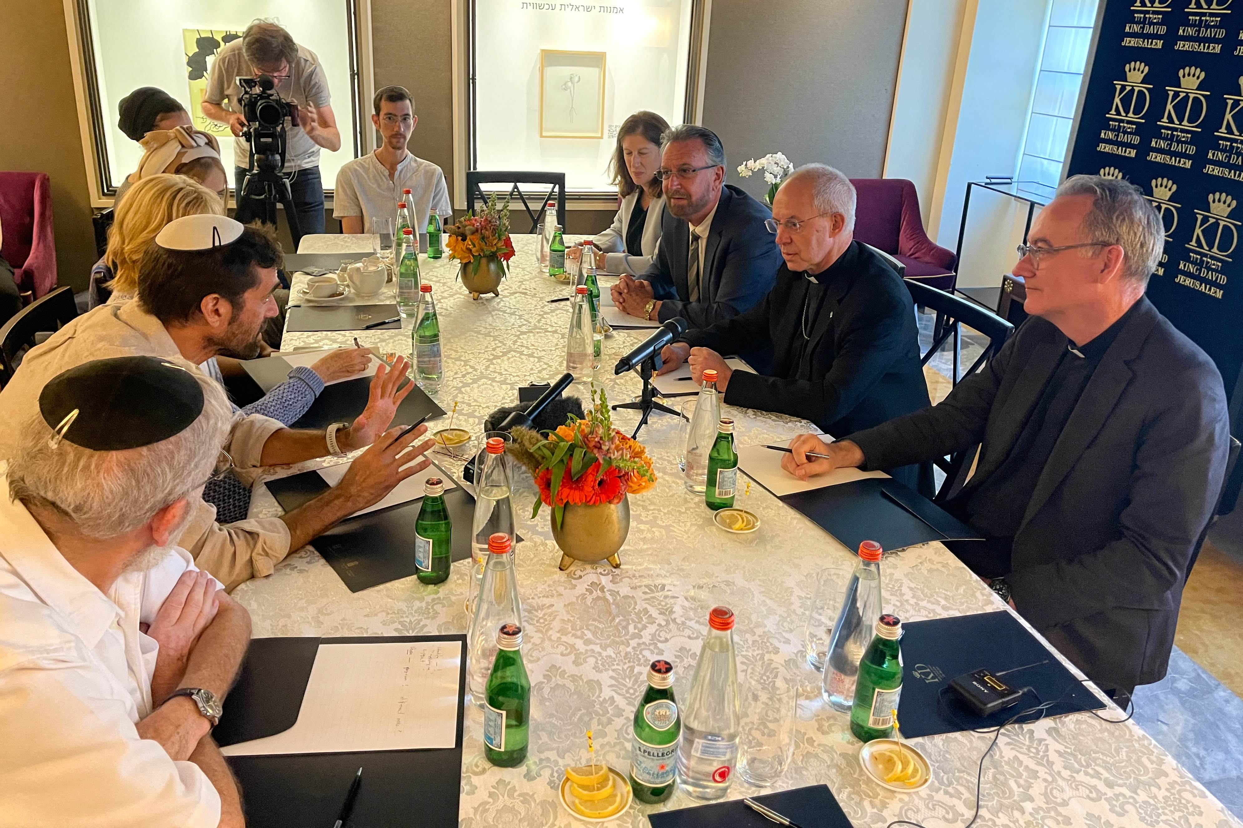 Archbishop of Canterbury Justin Welby meets with the parents and extended family of 22-year-old Yosef Malachi, who was killed in Kibbutz Kfar Aza following a deadly infiltration by Hamas gunmen, at the King David Hotel in Jerusalem