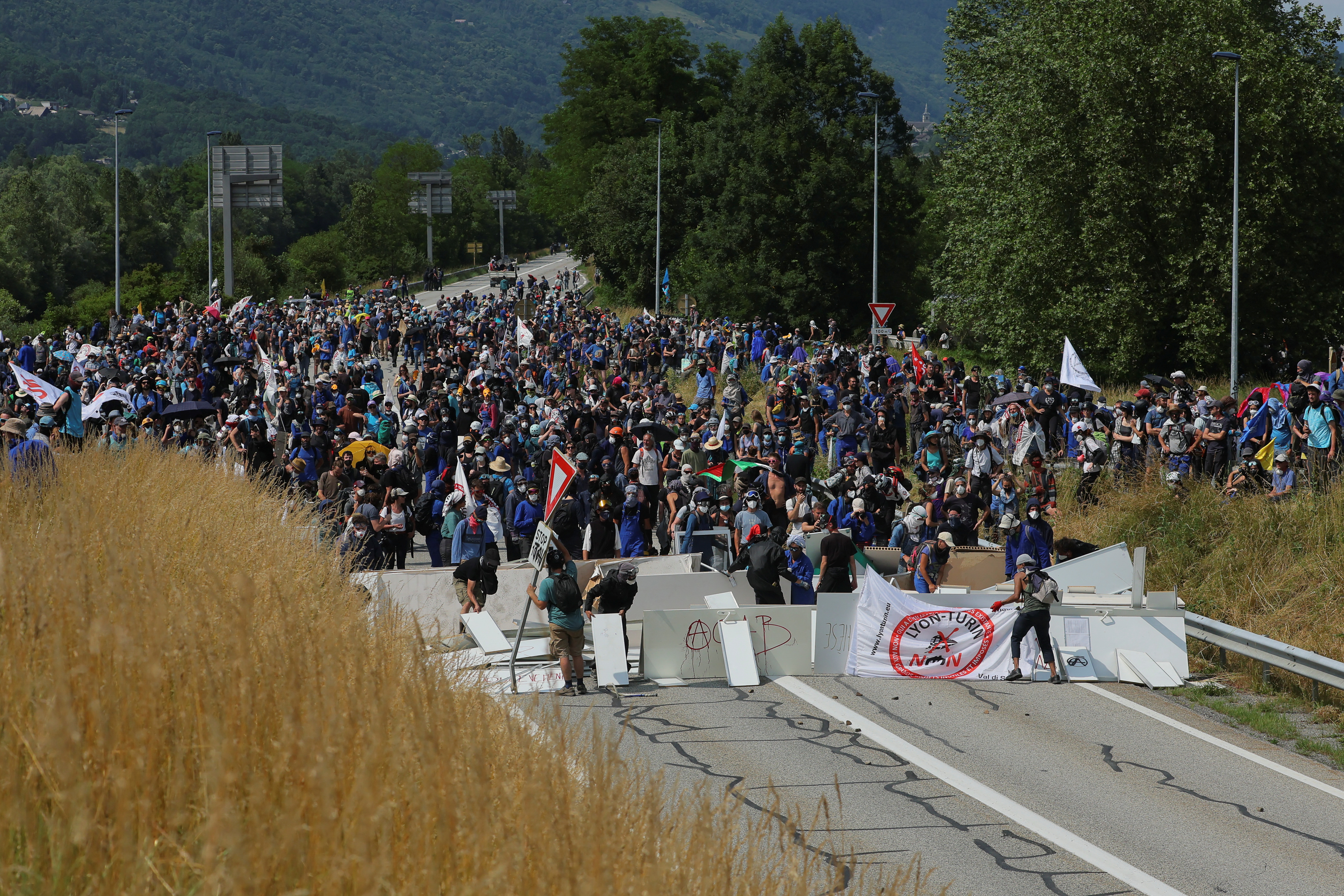 Activists take part in a protest against the Lyon-Turin rail link between France and Italy, in Les Chavannes-en-Maurienne