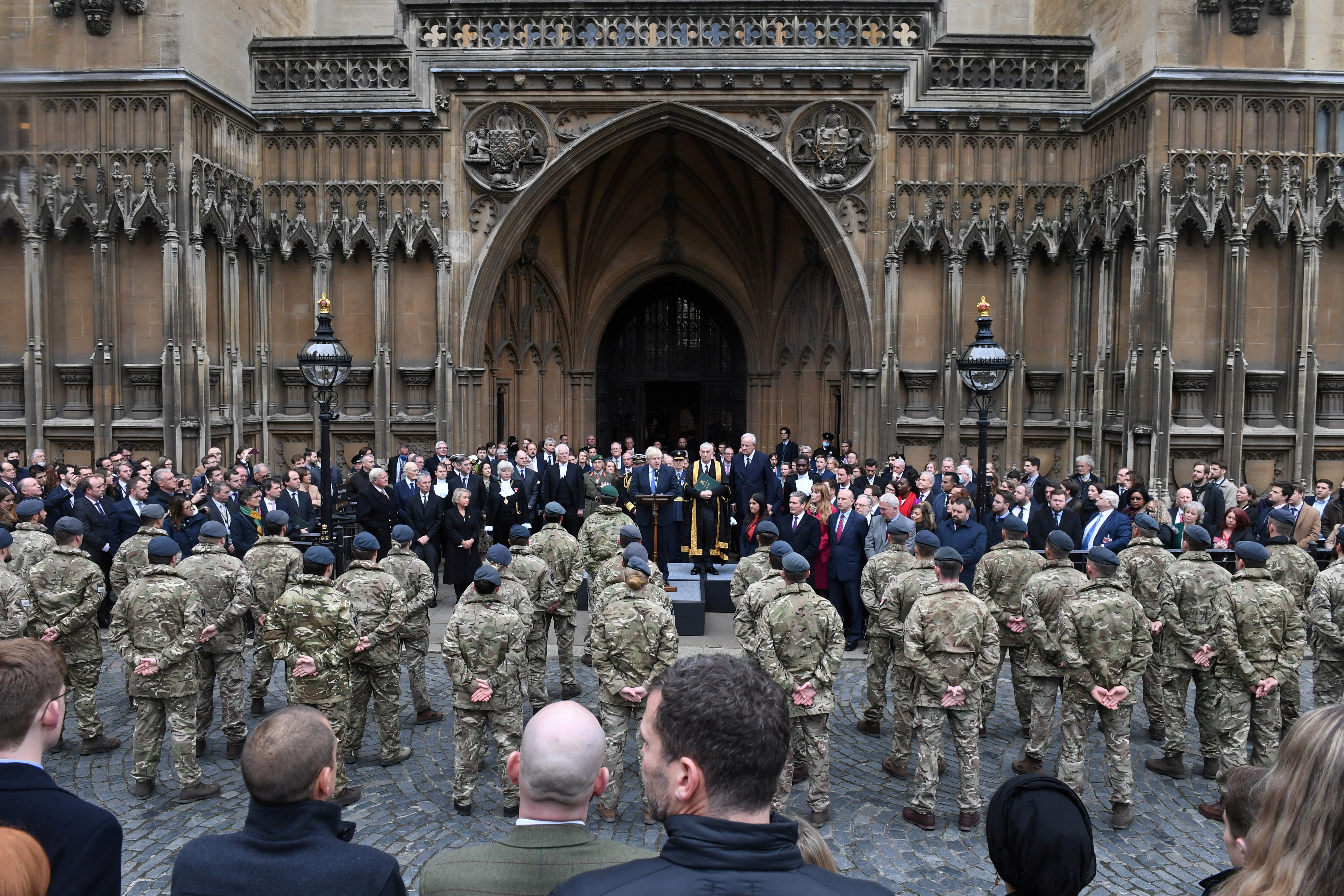 British Prime Minister Boris Johnson speaks at an event to thank the UK armed forces for their role in the Afghanistan evacuation operation earlier this year, in London, Britain, November 24, 2021. UK Parliament/Jessica Taylor/Handout via REUTERS 
