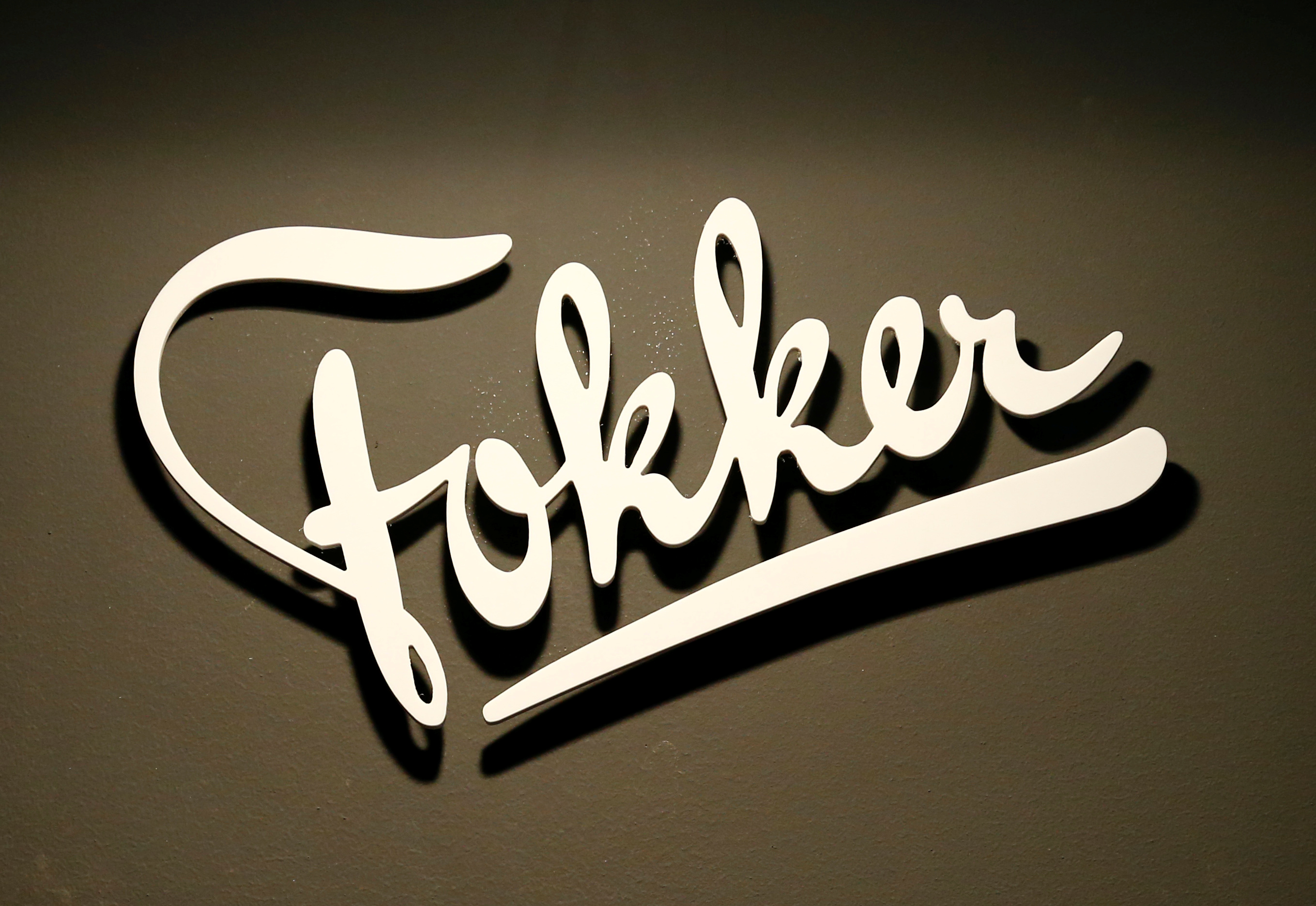 A logo of Fokker is pictured on their booth during EBACE in Geneva