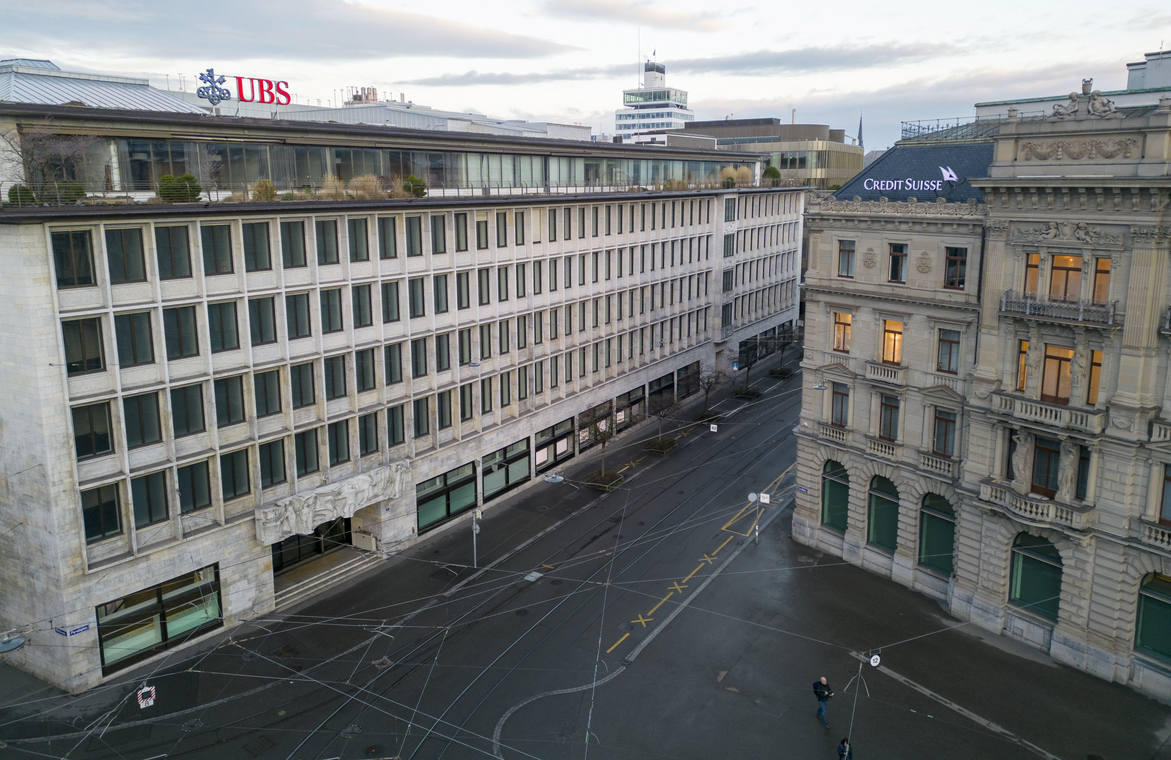 Buildings of Swiss banks UBS and Credit Suisse are seen on the Paradeplatz in Zurich
