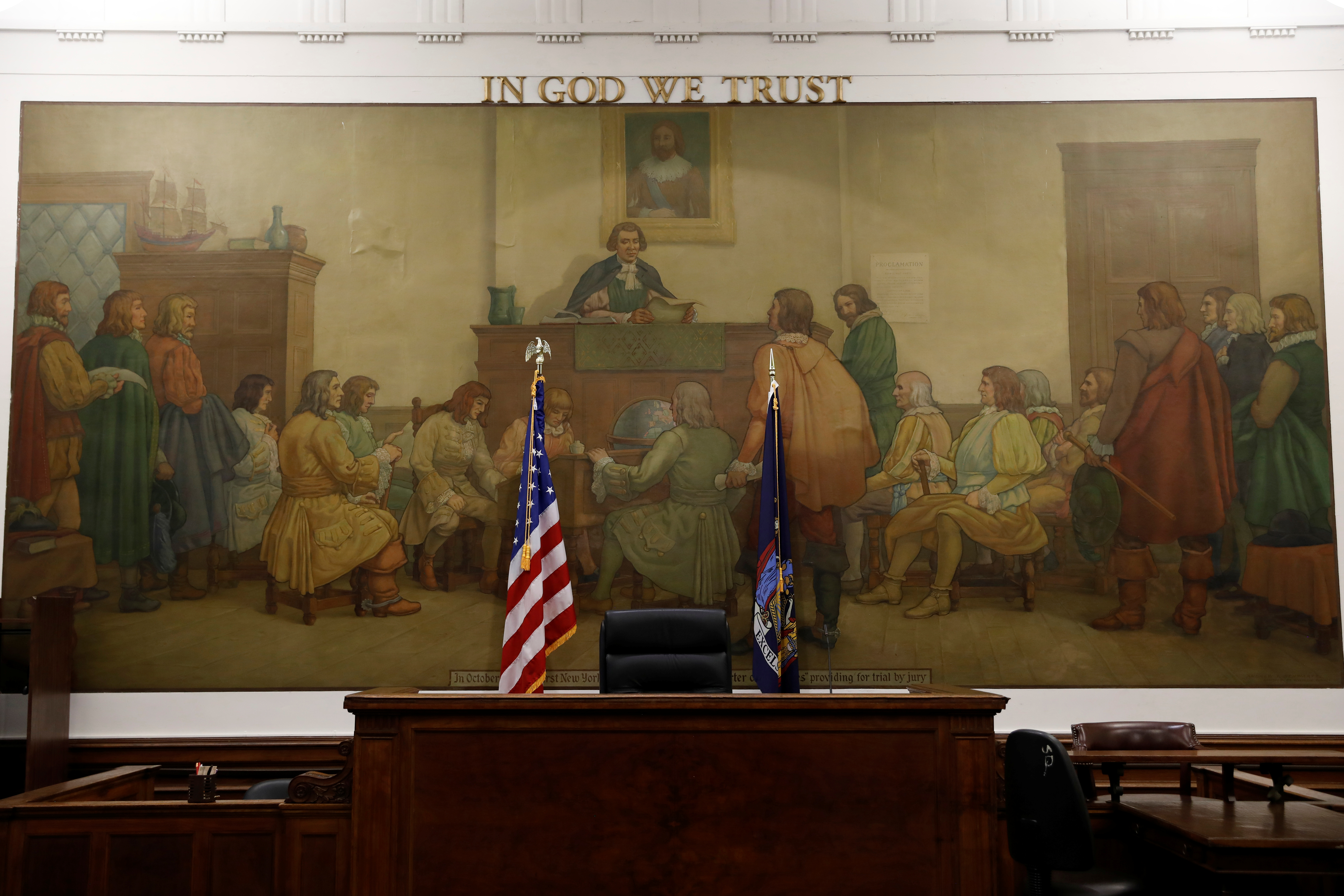 The judge's bench is seen in a court room at the New York State Civil Supreme Court in Manhattan, New York City