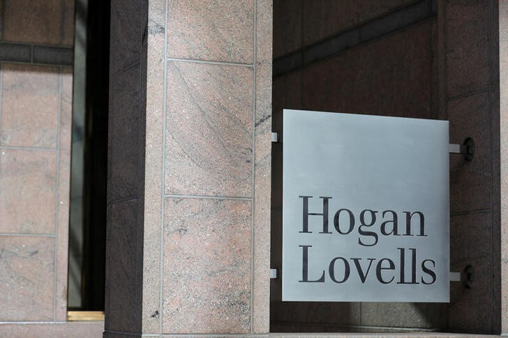 Signage is seen outside of the Hogan Lovells law company in Washington, D.C.