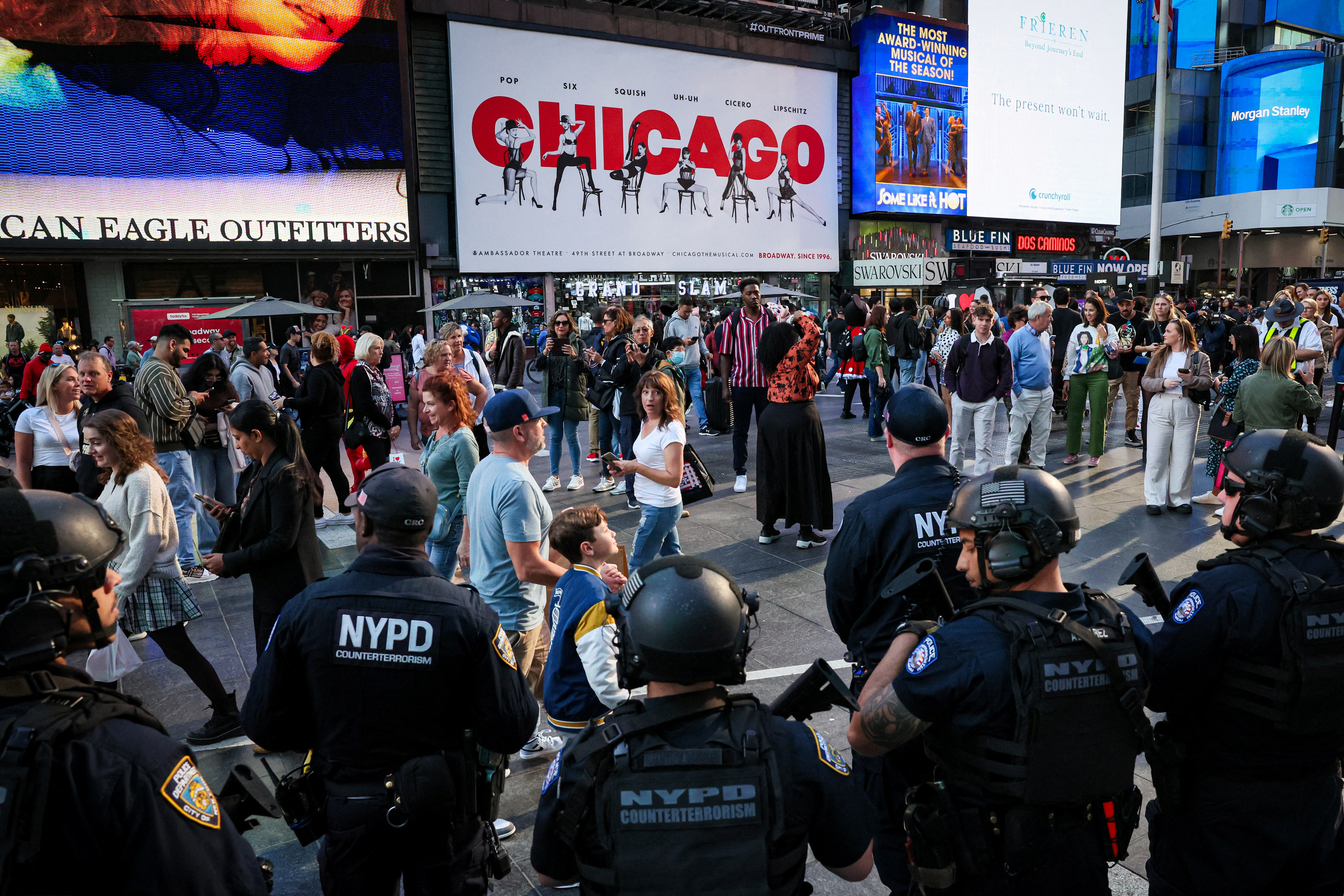 Members of the NYPD patrol in Times Square in New York