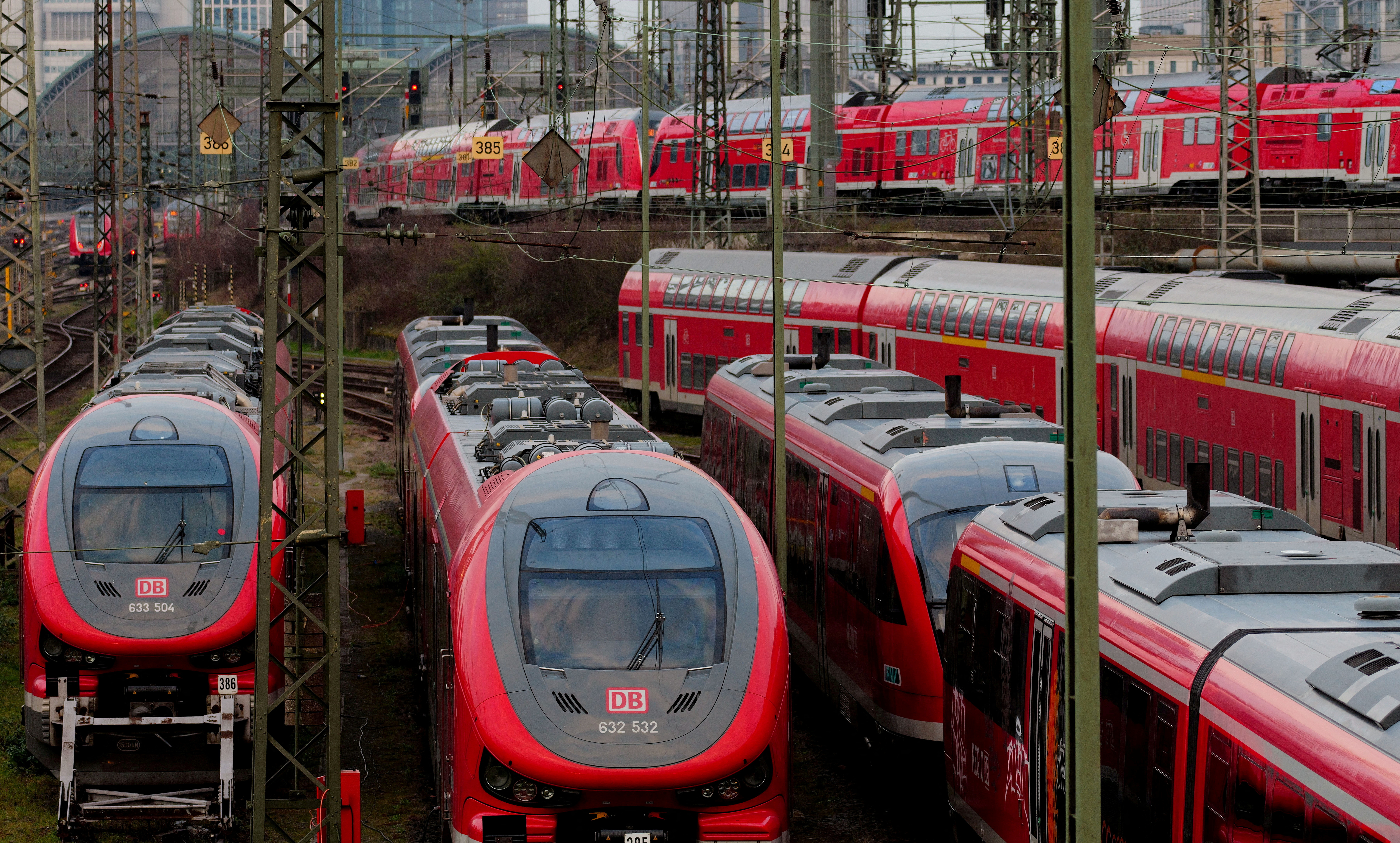 Deutsche Bahn trains operate outside Frankfurt central station, Germany